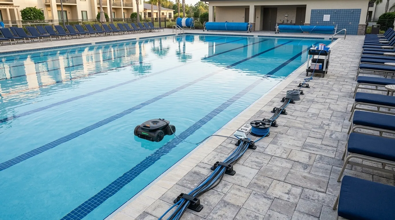 Corded robotic pool cleaner providing continuous cleaning for large commercial pools