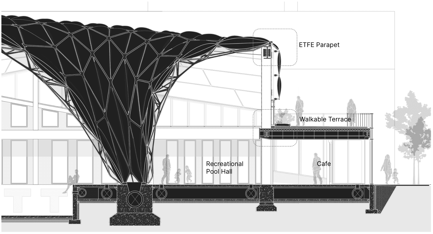 Fragment section of the undulating steel space truss which draws the swimmer to the sky.