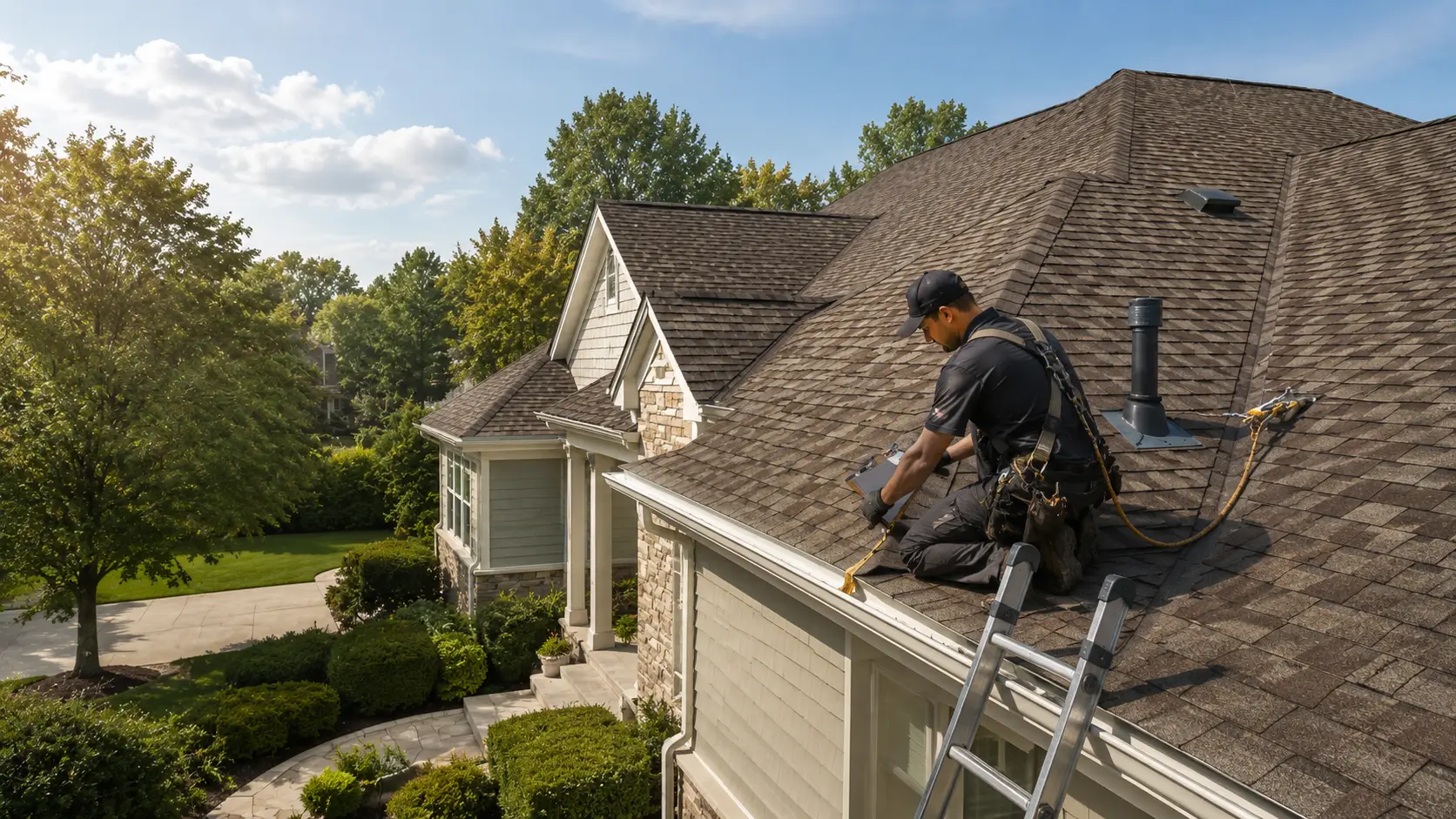 Roofing contractor performing a late-summer inspection on an asphalt shingle roof