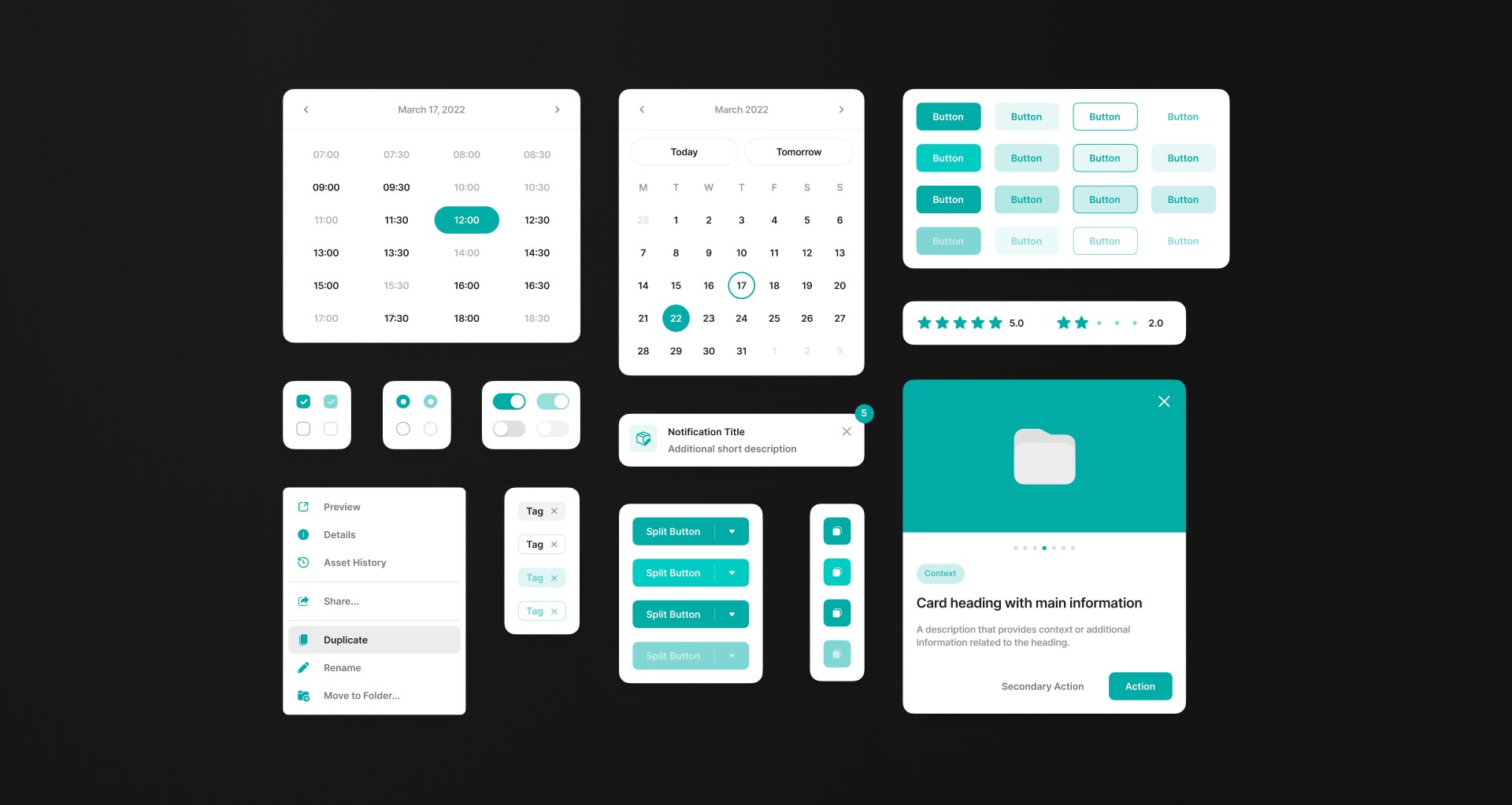 Design system components in teal.