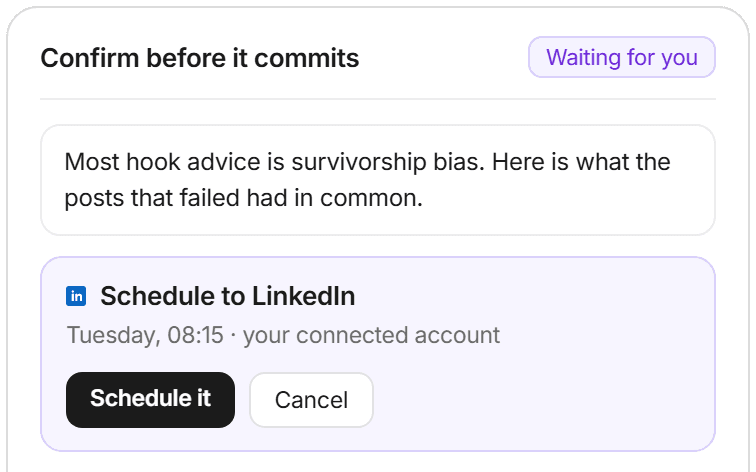 A confirm card showing the exact post, account and time, waiting for your tap before audenAI schedules it