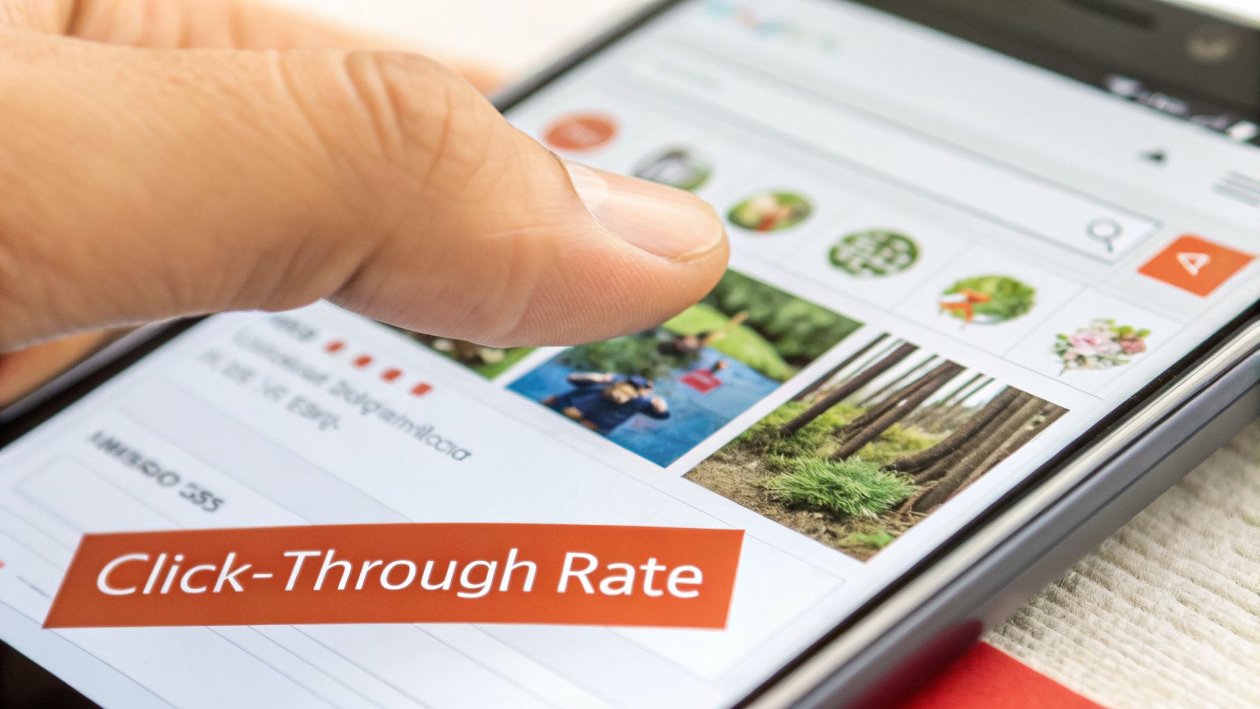 A hand's thumb taps a smartphone screen displaying app content, including the words 'Click-Through Rate'.