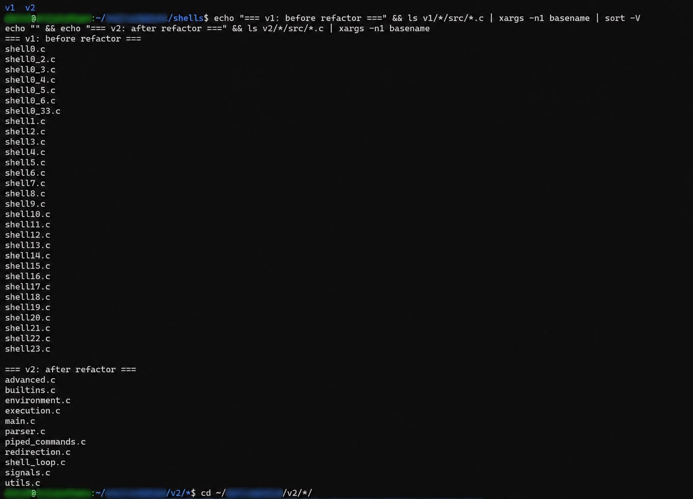 Terminal listing the shell's source files before the refactor (shell0.c to shell23.c) and after (parser.c, execution.c, signals.c and others)