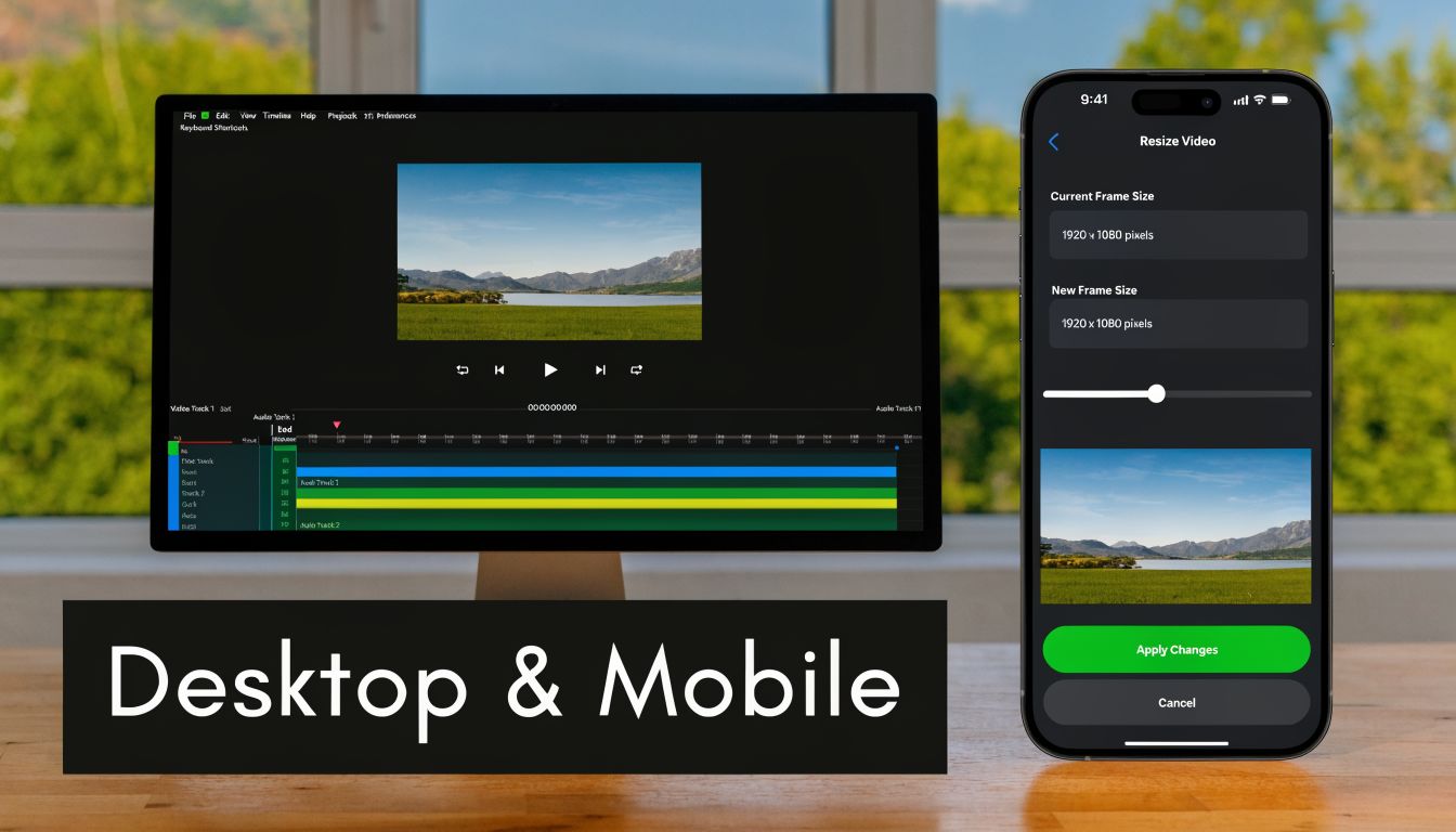 A split-screen comparison showing video editing software on a desktop monitor and a mobile device.