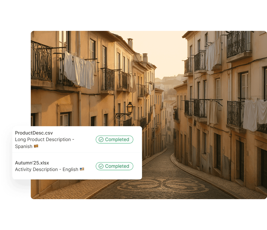 A picturesque, narrow cobblestone street in a historic European town is lined with warm-toned, aged buildings under a soft evening light; in the foreground, highlighted task completion notifications display on a modern digital overlay.