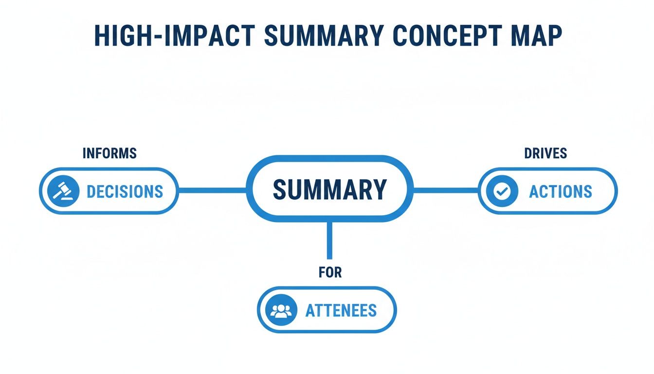 A concept map showing how a high-impact summary informs decisions, drives actions, and benefits attendees.