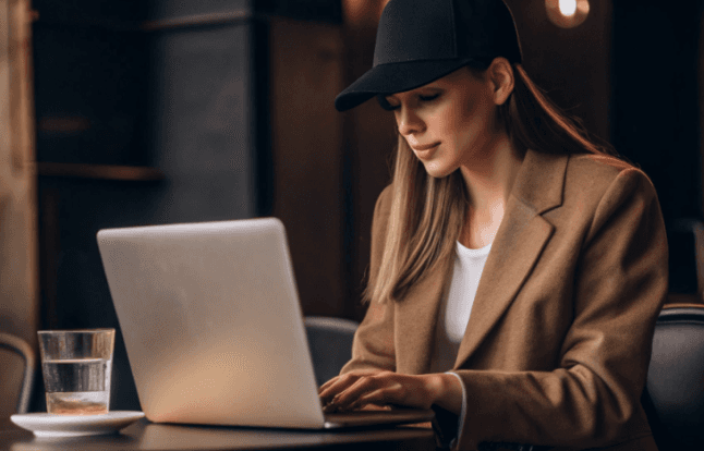 Woman in black cap and blazer working on a laptop in a cafe, glass of water on the table.