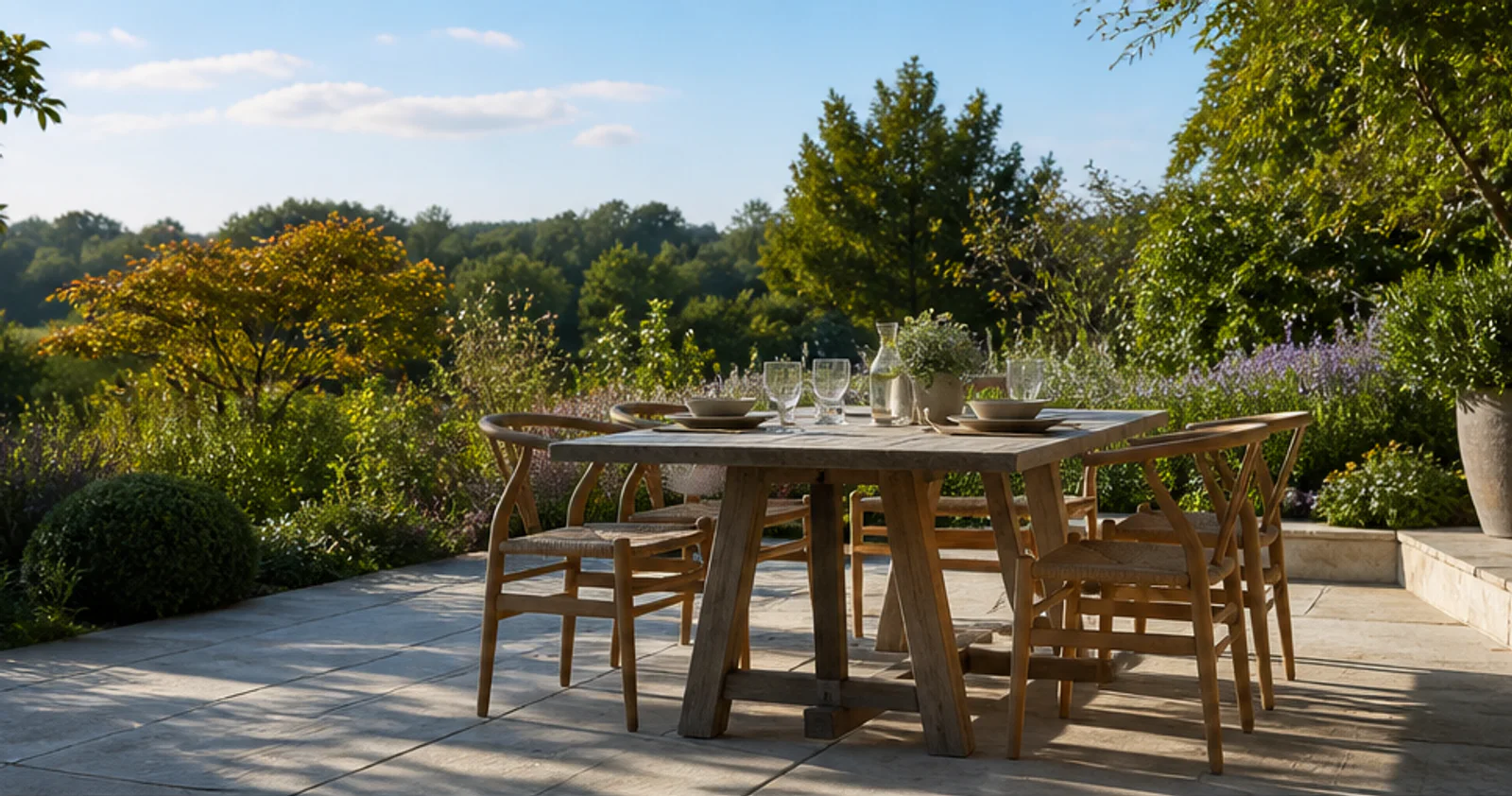 Sunlit natural-stone patio prepared for an outdoor meal