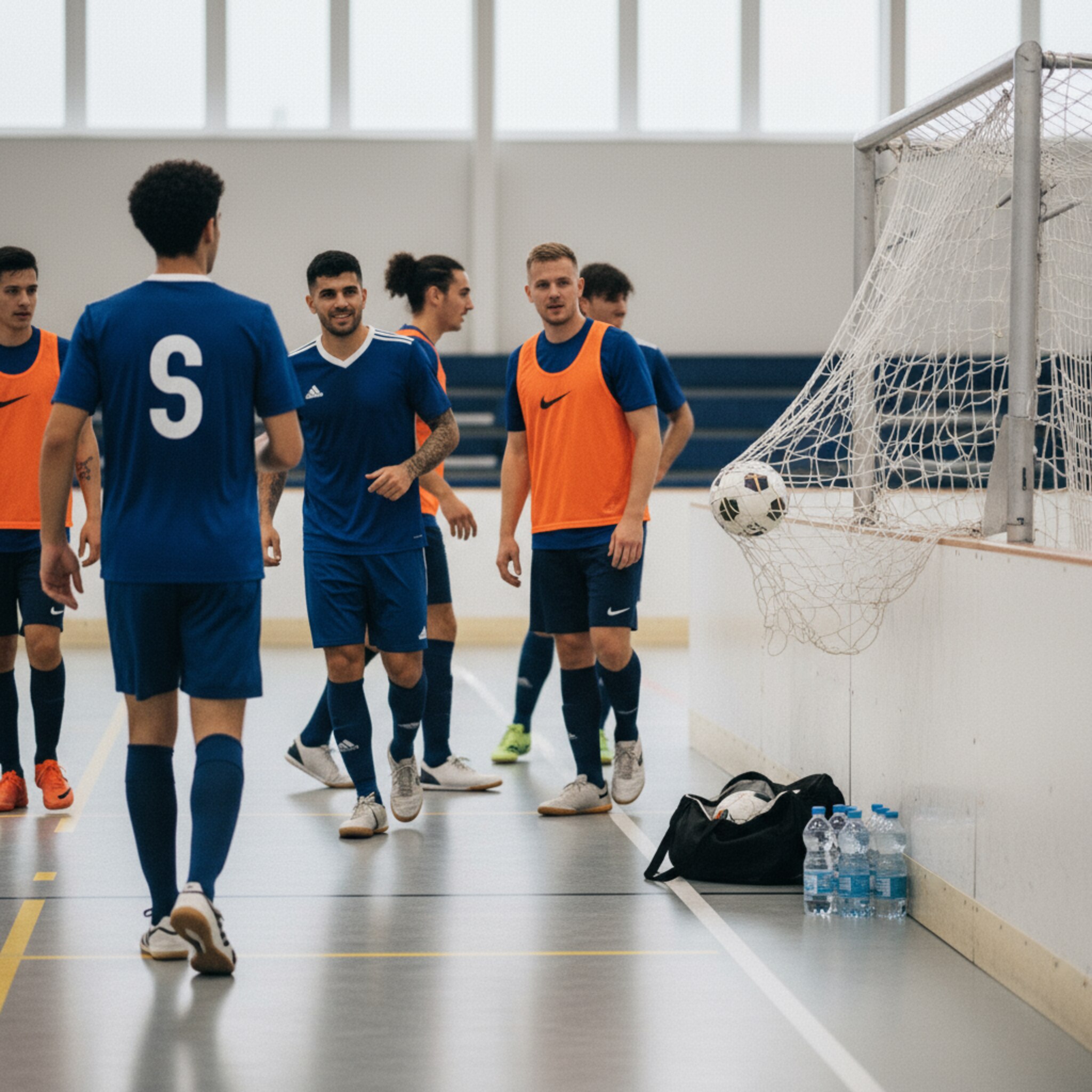 Ein harter Schuss schlägt im Netz eines hell ausgeleuchteten Indoor-Courts ein, die Netze zittern kurz. Teamkollegen klatschen ab, Trikots in zwei klaren Farben. Auf der Seitenlinie liegen Balltasche und Wasserflaschen ordentlich bereit. Der Gummiabrieb glänzt auf dem Boden, die Bande wirft weiches Licht zurück.