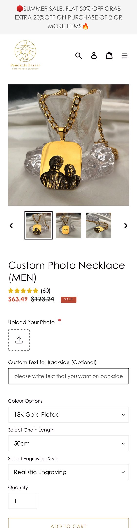 Jewelry product options include: necklace, chain for Custom Photo Necklace (MEN) from Pendants Bazaar.