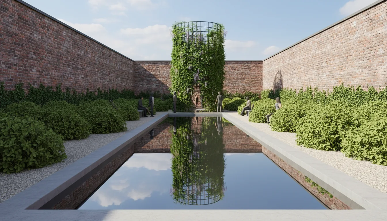 Photorealistic architectural visualization, 3D render in the style of Twinmotion or Lumion, showcasing a contemporary walled garden. The scene features a long reflection pool with a concrete edge, dense bushes, and a tall cylindrical trellis covered in climbing vines. A high red brick wall encloses the space. Stylized 3D people are scattered in the background. The lighting is bright natural daylight under a blue sky with soft clouds, creating realistic global illumination.