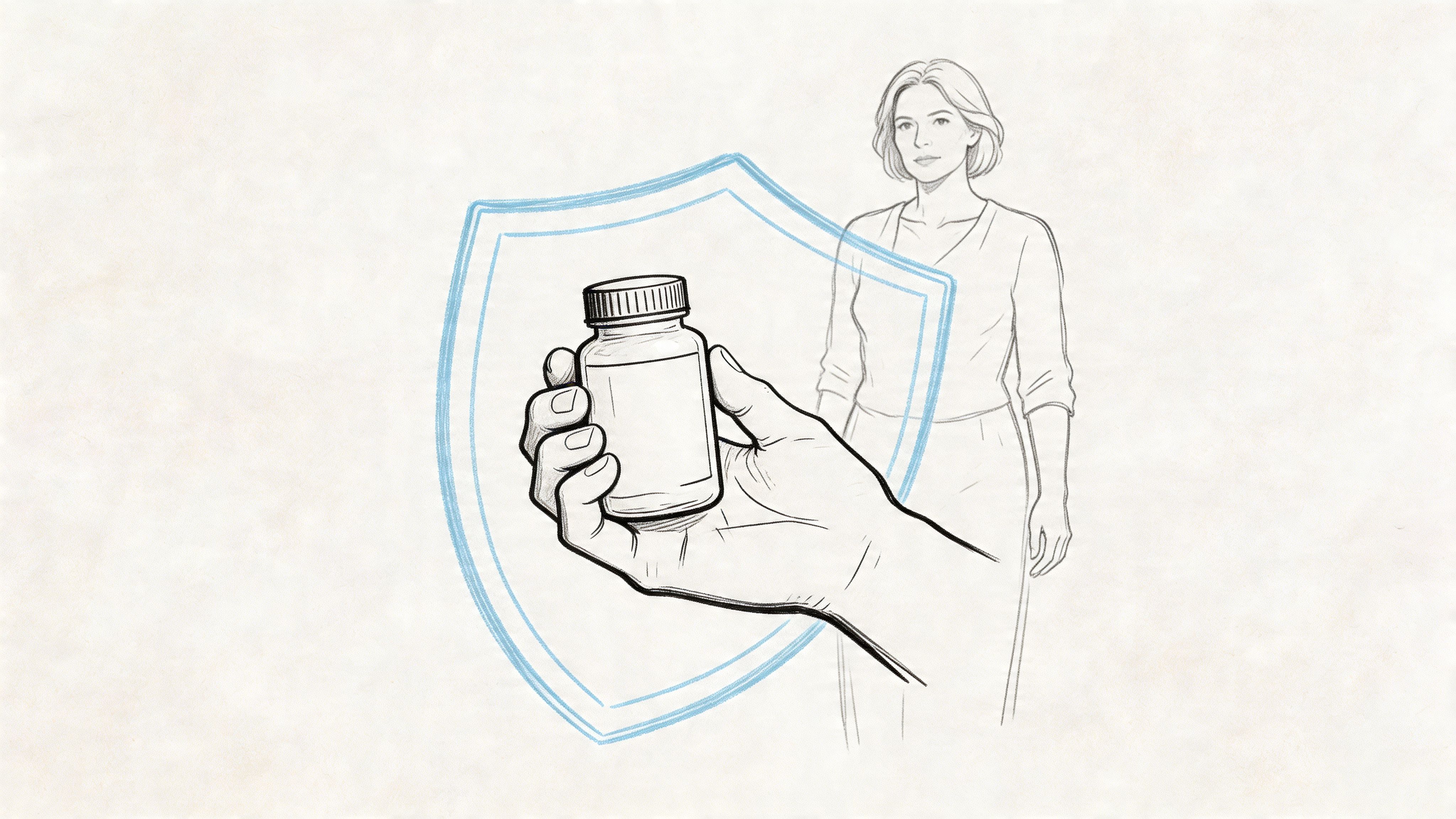 A hand holding a medicine bottle in front of a protective shield icon and a woman.