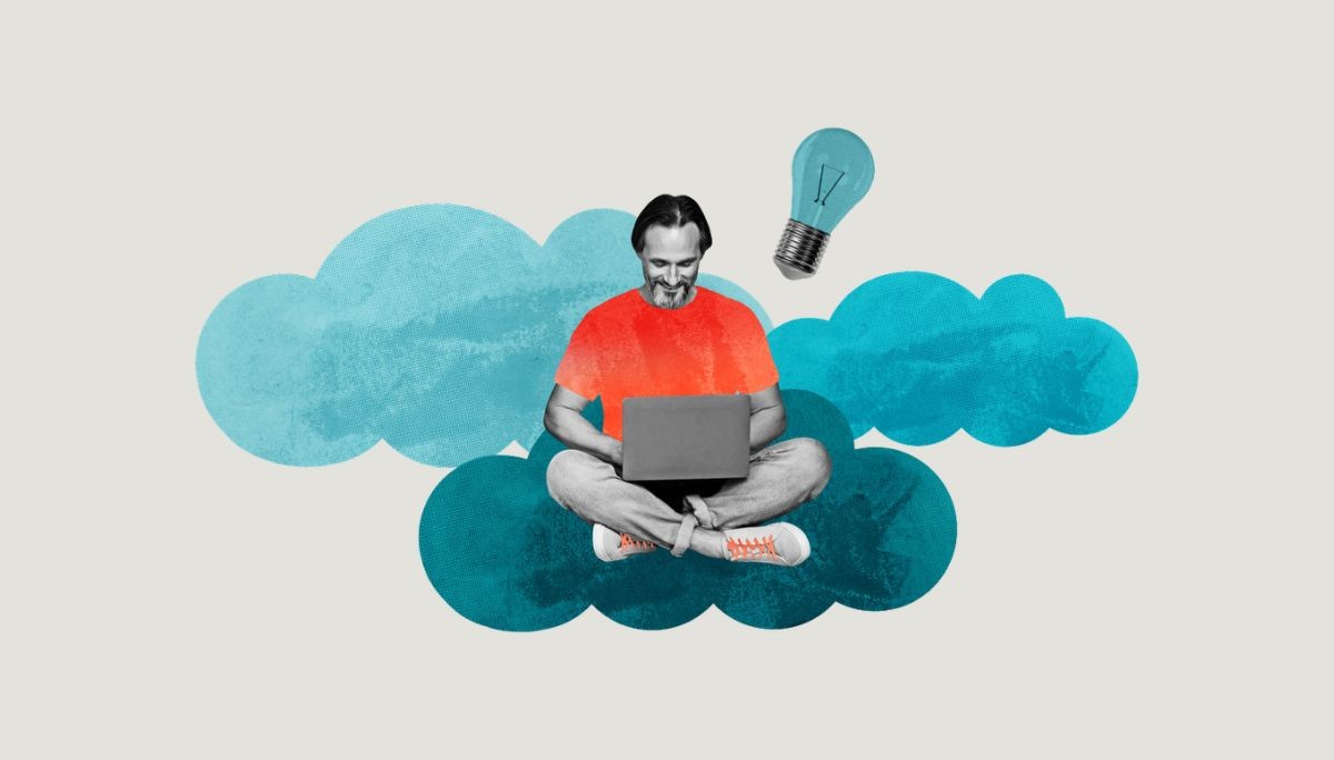 Person on cloud with laptop and idea bulb, used to depict cloud engineering careers and compensation.