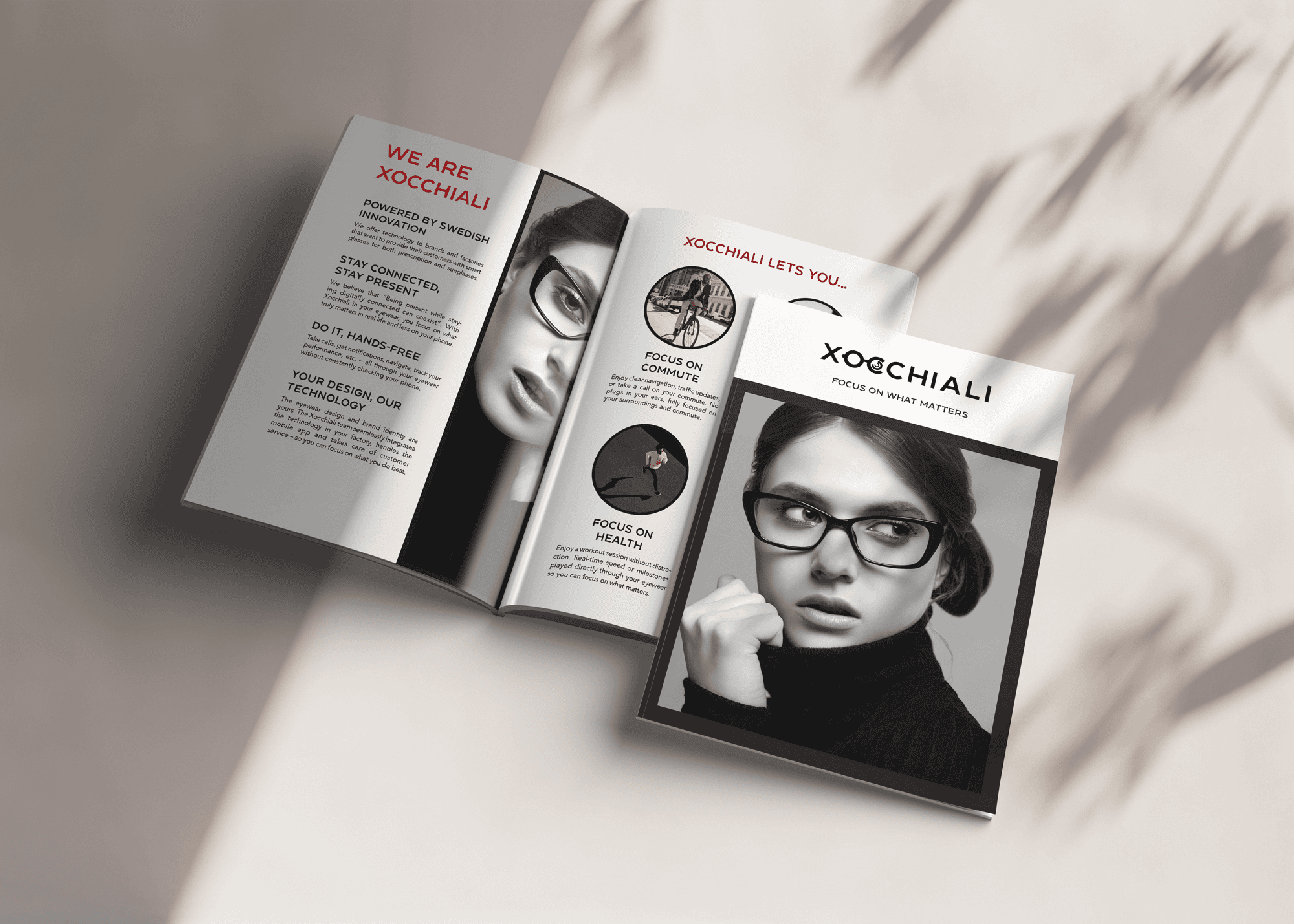 Cover and spread of a brochure for Xocchiali Smart Eyewear Glasses. The cover features the text 'FOCUS ON WHAT MATTERS' and the Xocchiali logo.