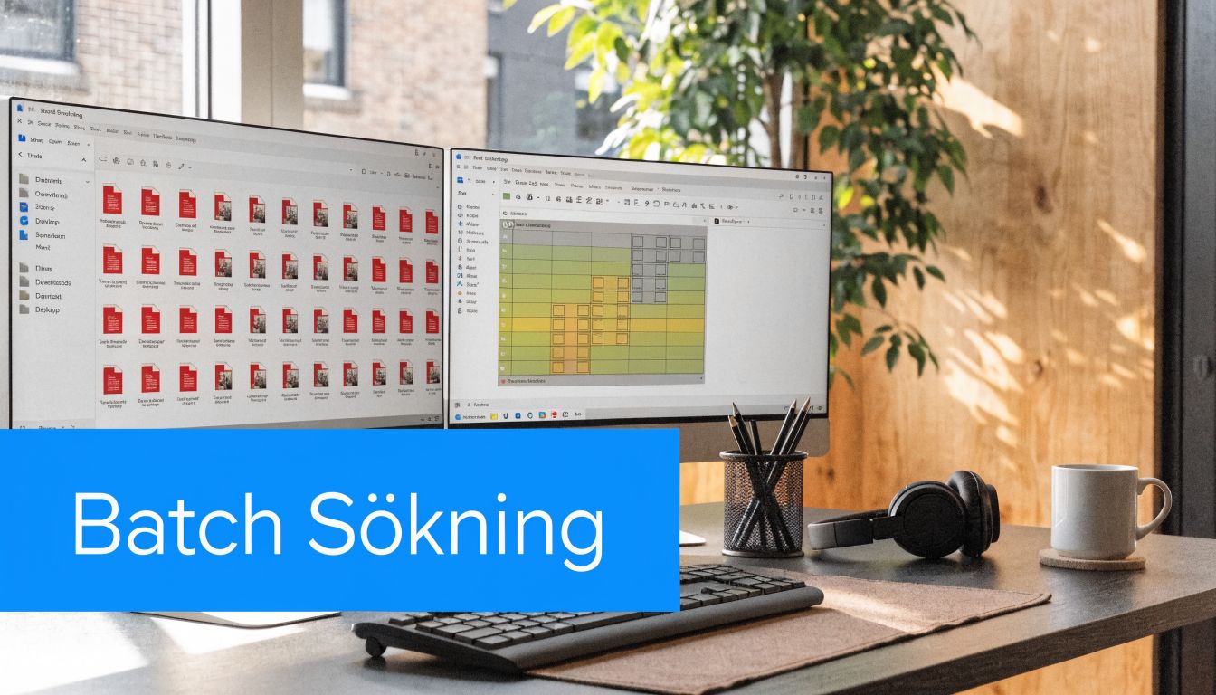 En modern kontorsplats med två datorskärmar som visar dokumenthantering och planering för effektiv batch-sökning i PDF-filer.