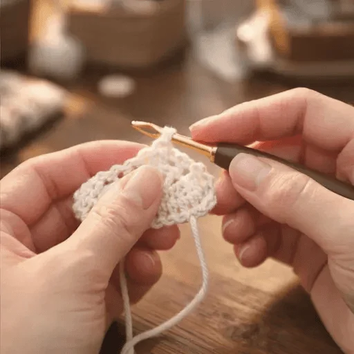 close up of hands crocheting yarn in a calm and cozy setting