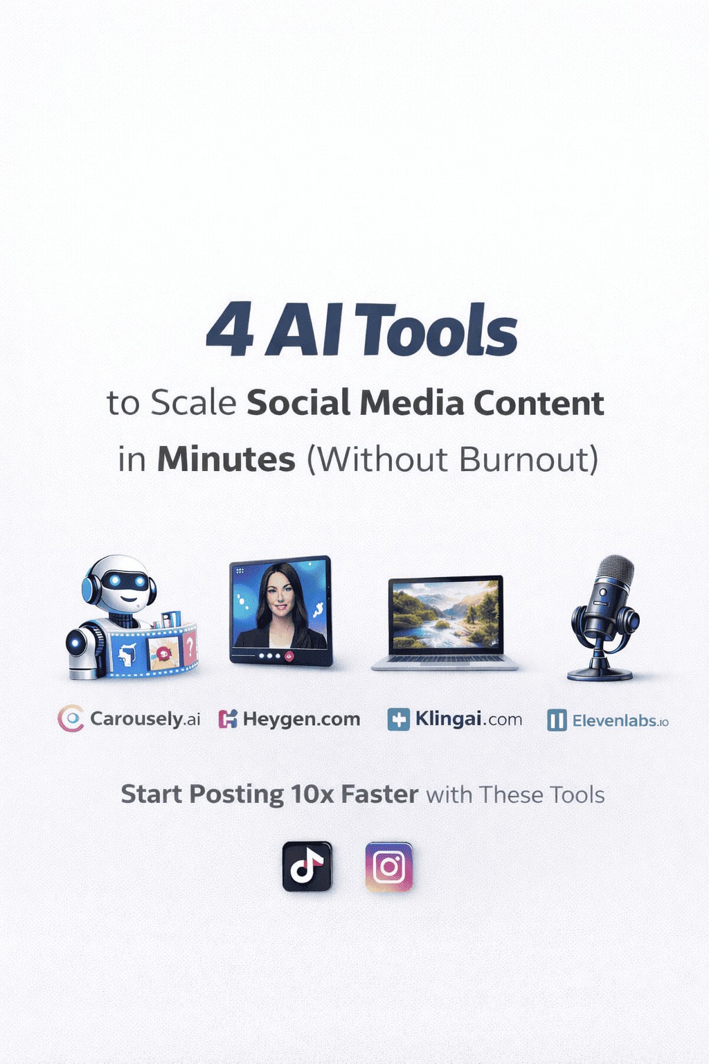 Best AI tools for social media content creation in 2026, displaying Carousely.ai, Heygen.com, Klingai.com, and ElevenLabs logos in a clean minimal blog design.