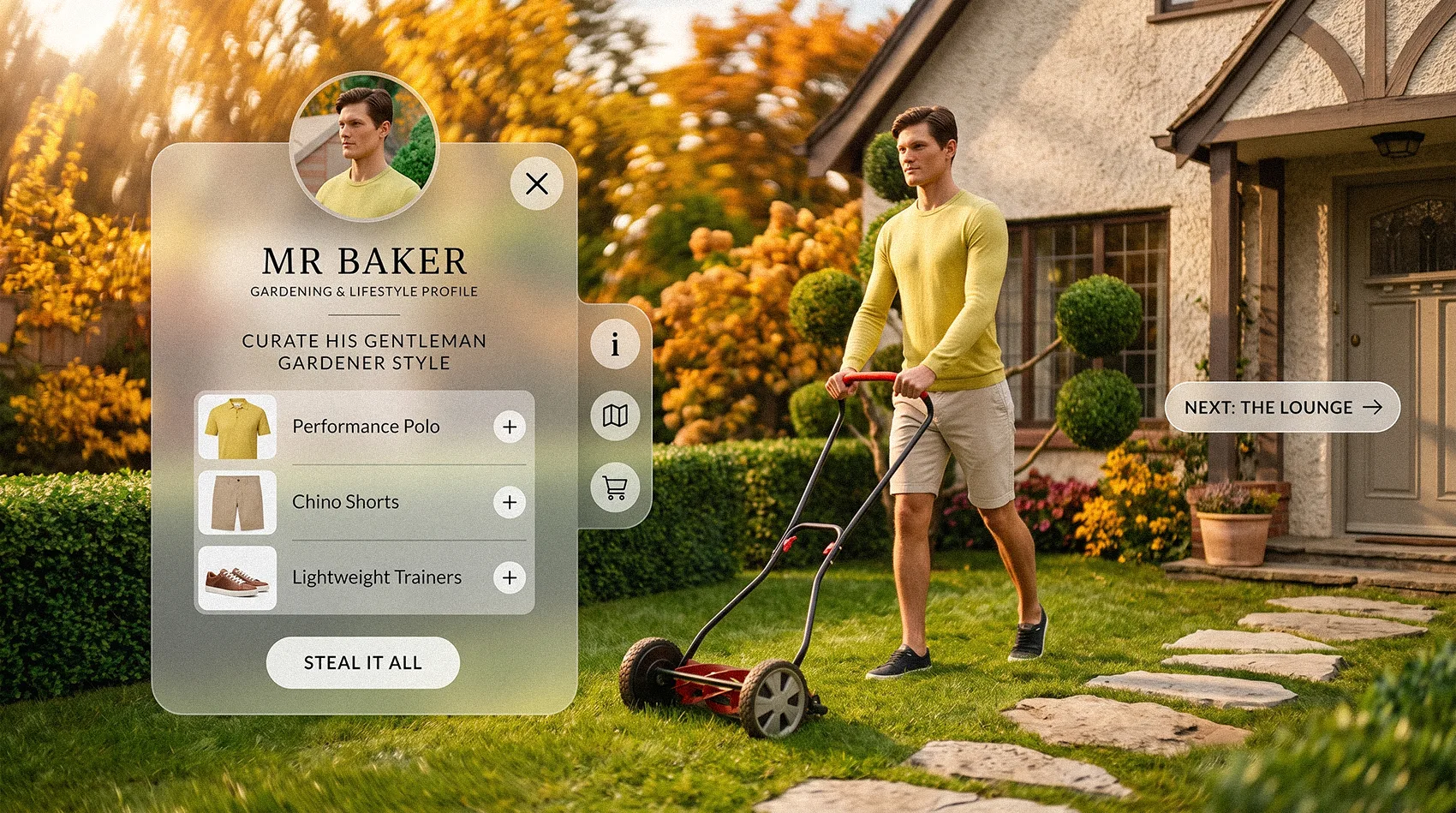 Man mowing lawn with interactive shoppable video overlay Mr Baker gentleman gardener style Performance Polo Chino Shorts