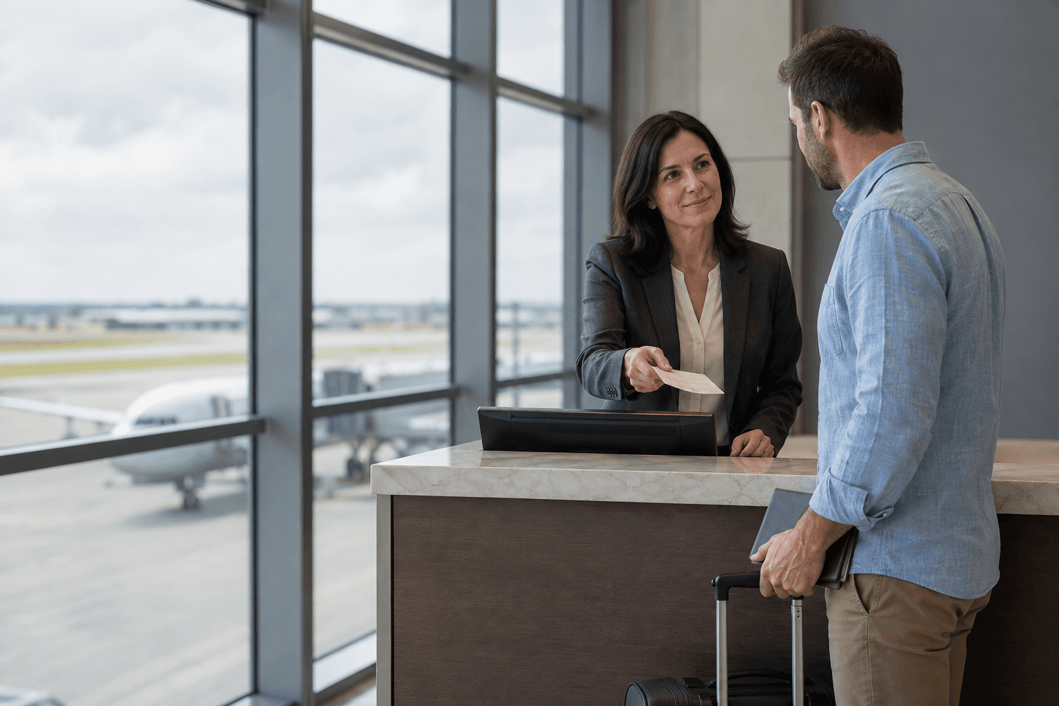 An airline service representative helps a traveler at an airport service desk.