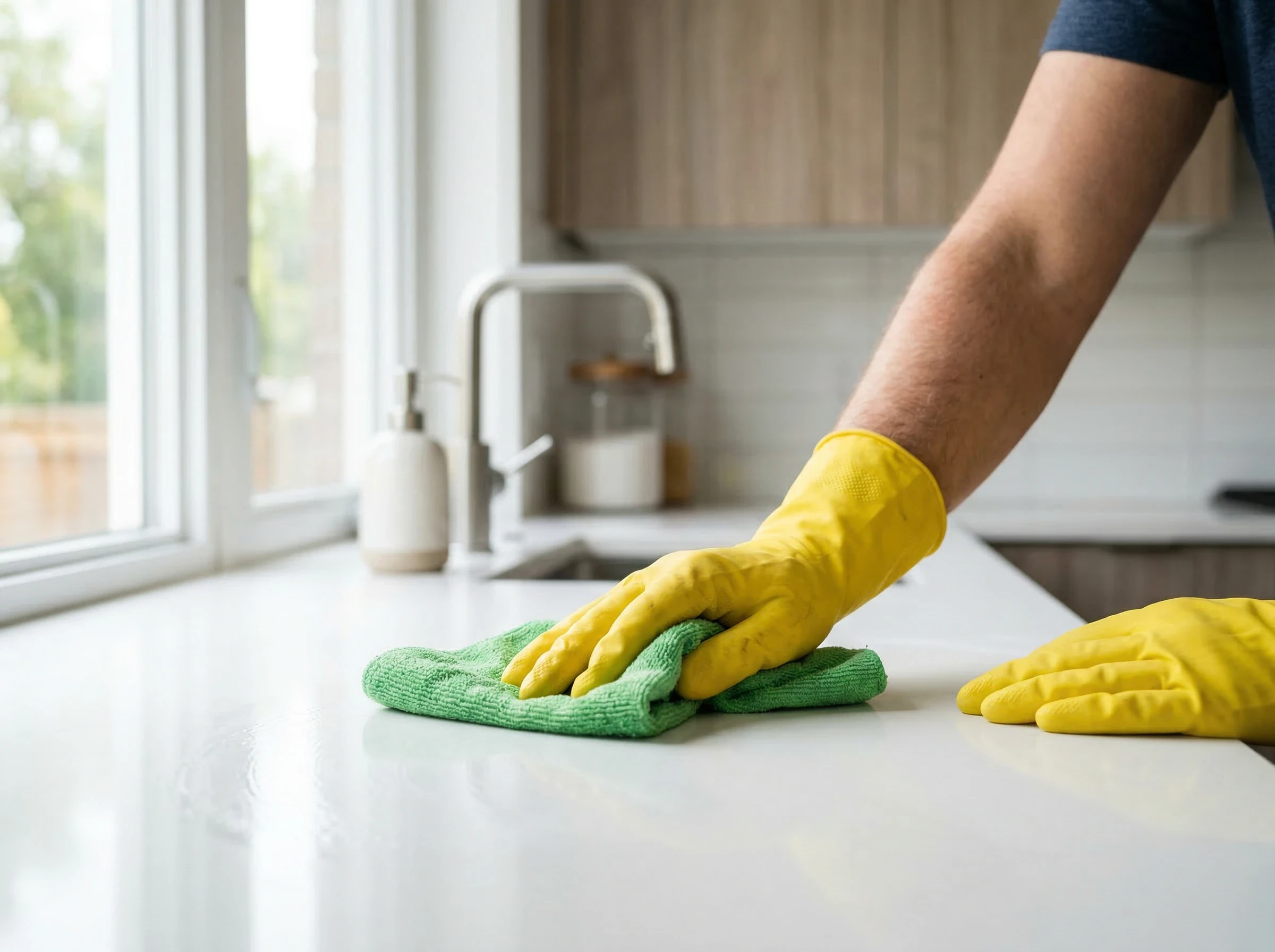 A person wearing yellow gloves cleans a countertop with a green cloth.