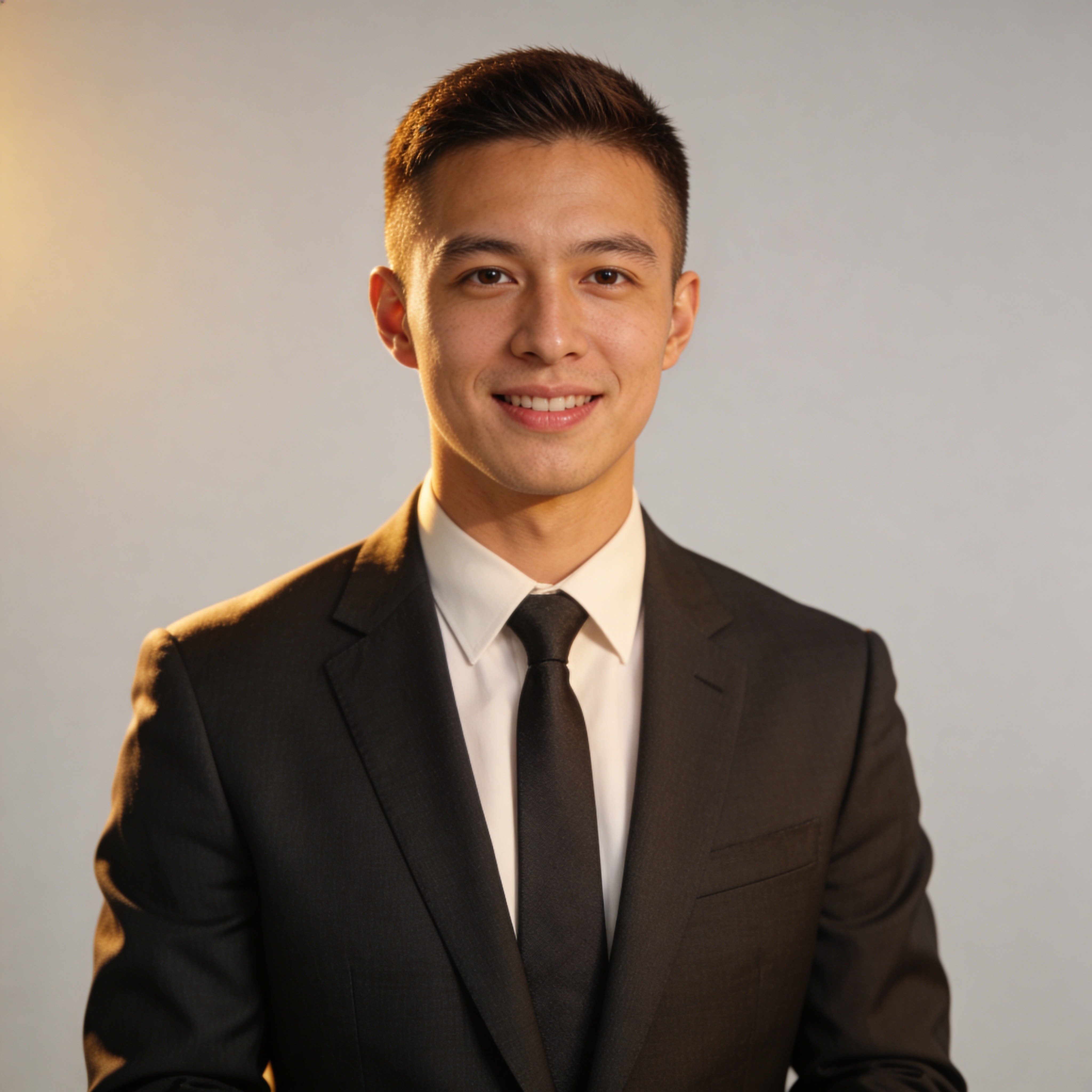 Young businessman in a black suit smiling, friendly and approachable corporate portrait