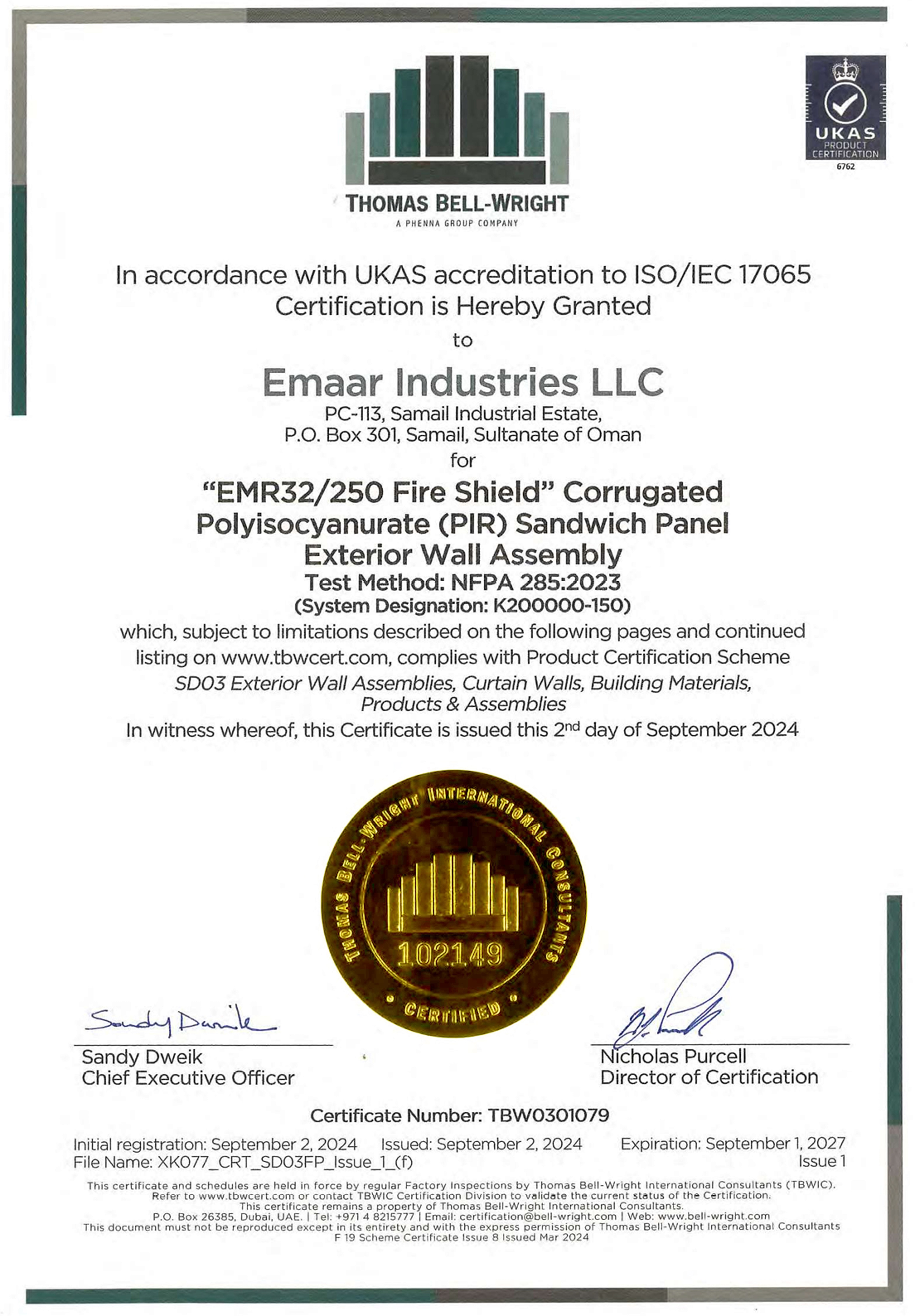 Emaar Industries Thomas Bell Wright NFPA 285 Certificates