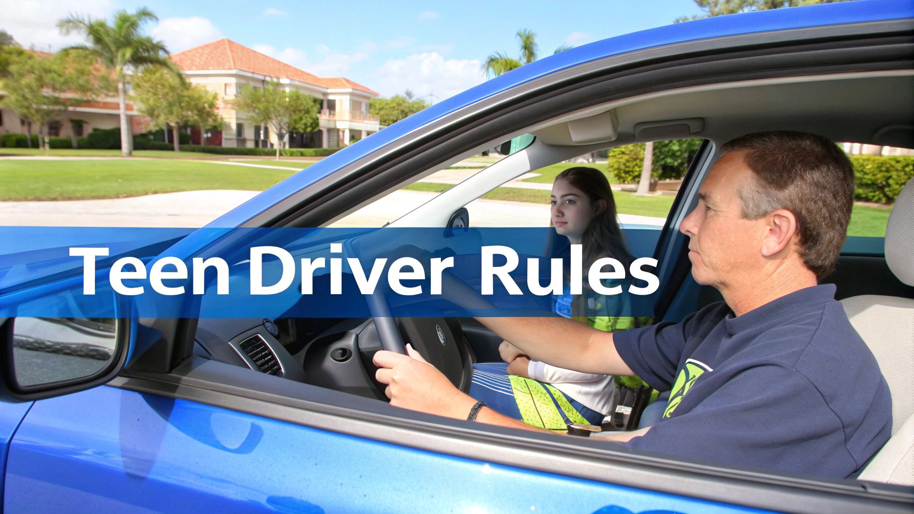 An adult male teaches a teenage girl to drive in a blue car with 'Teen Driver Rules' text.