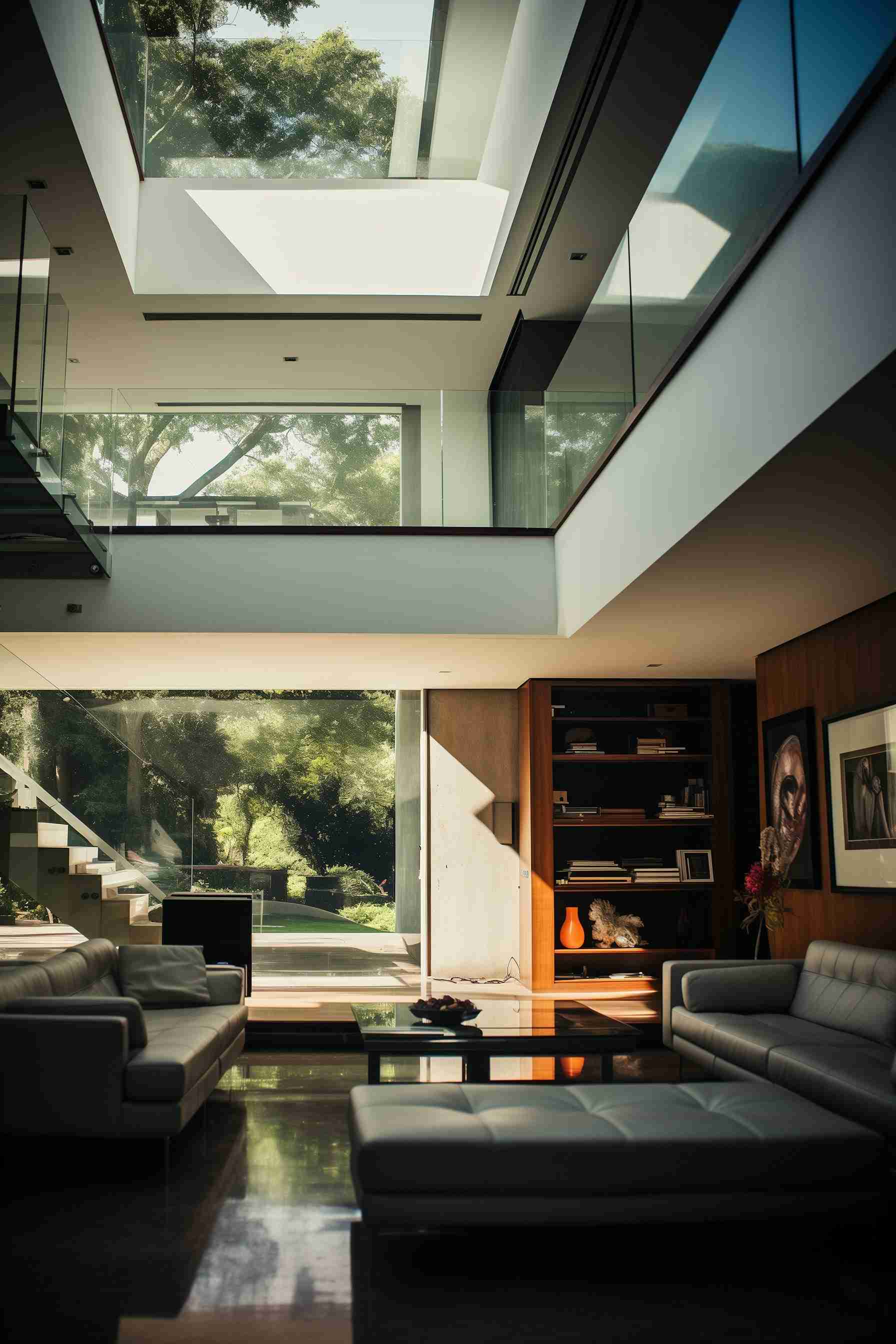 A modern living room with a double-height ceiling and large windows.