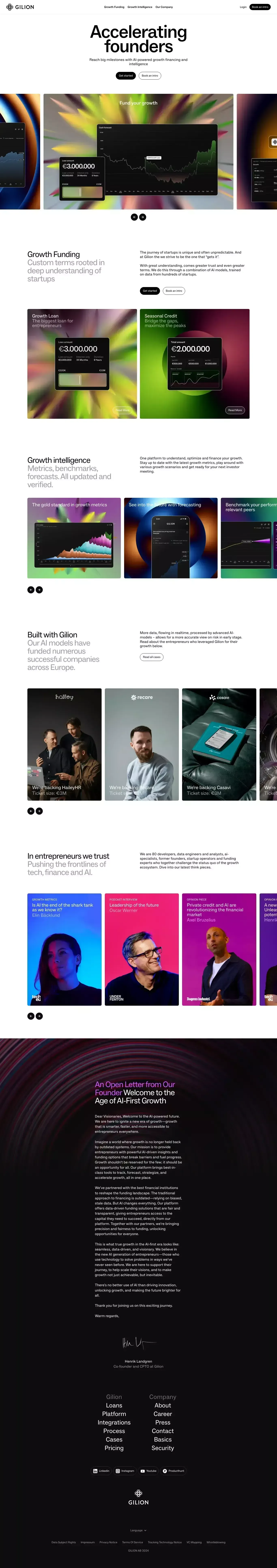 Gilion: Startup Funding, Growth Financin landing page screenshot showcasing AI and Finance design