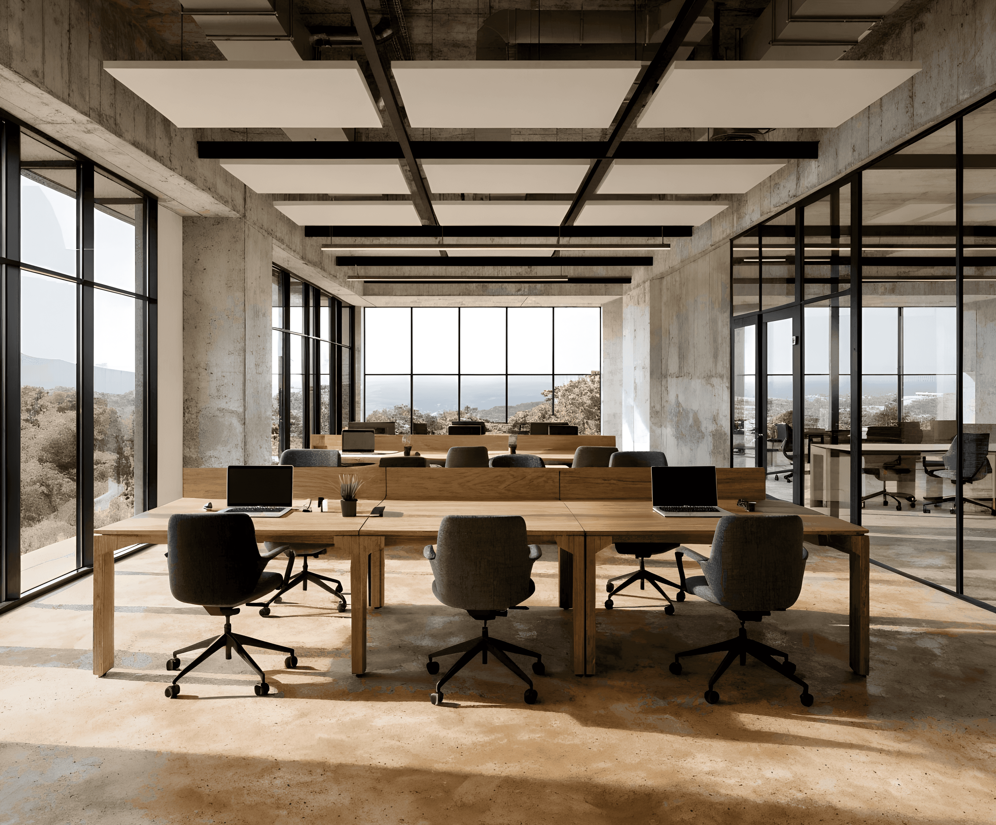Open plan workstation cluster with acoustic screen dividers and natural light — office interior design for focus and comfort by topos design studio