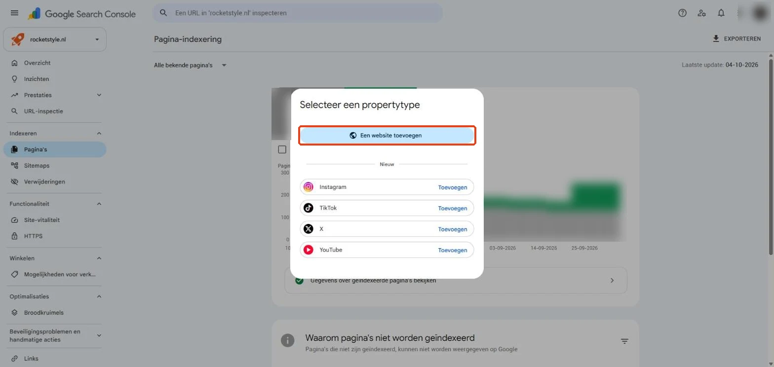 Search Console: Selecteer een propertytype met Een website toevoegen