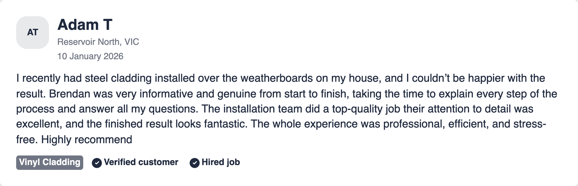 hipages review from Adam T of Reservoir North, Victoria, January 2026 - five stars, verified customer
