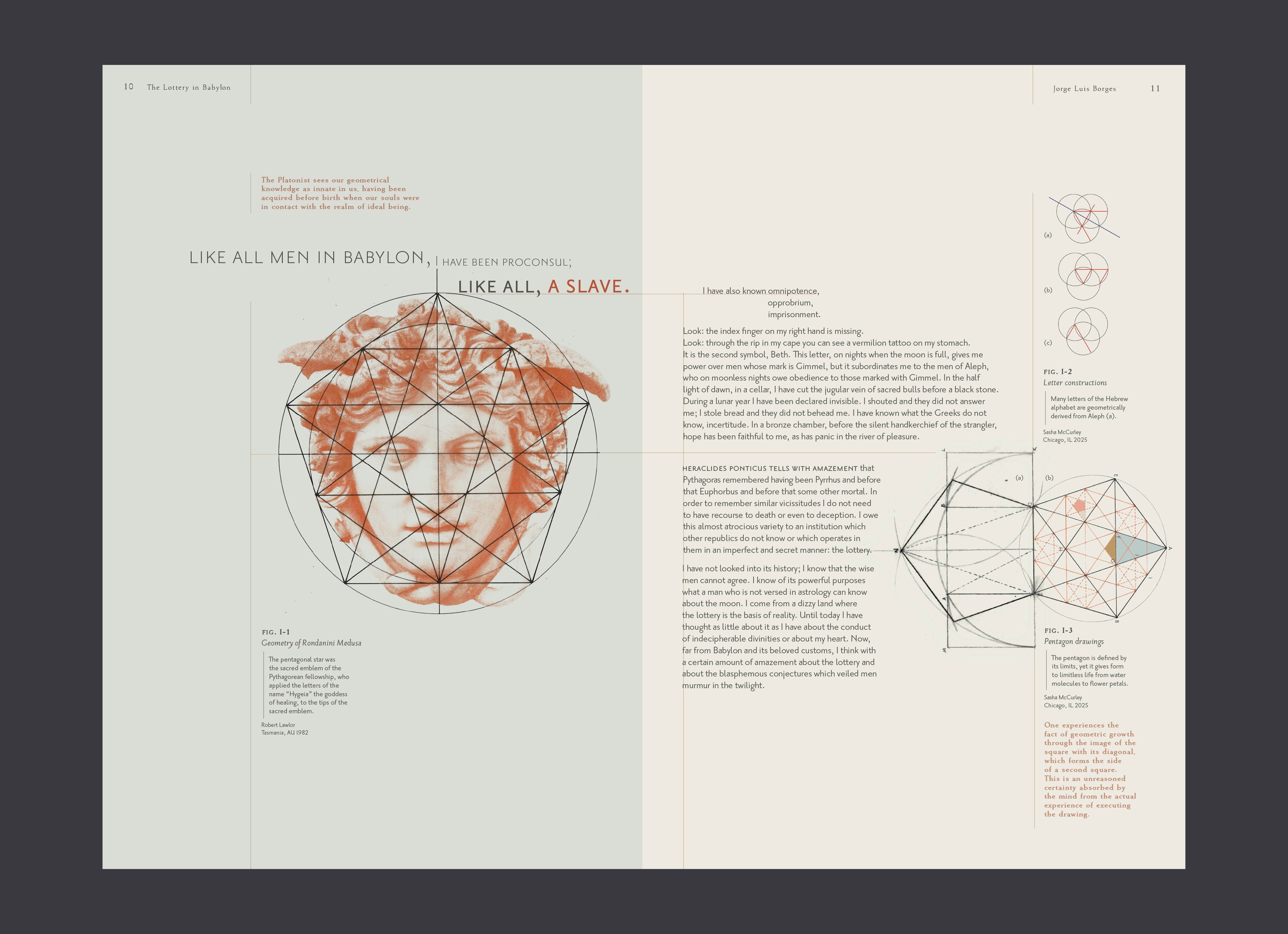Opening spread, with geometric annotations and excerpts.