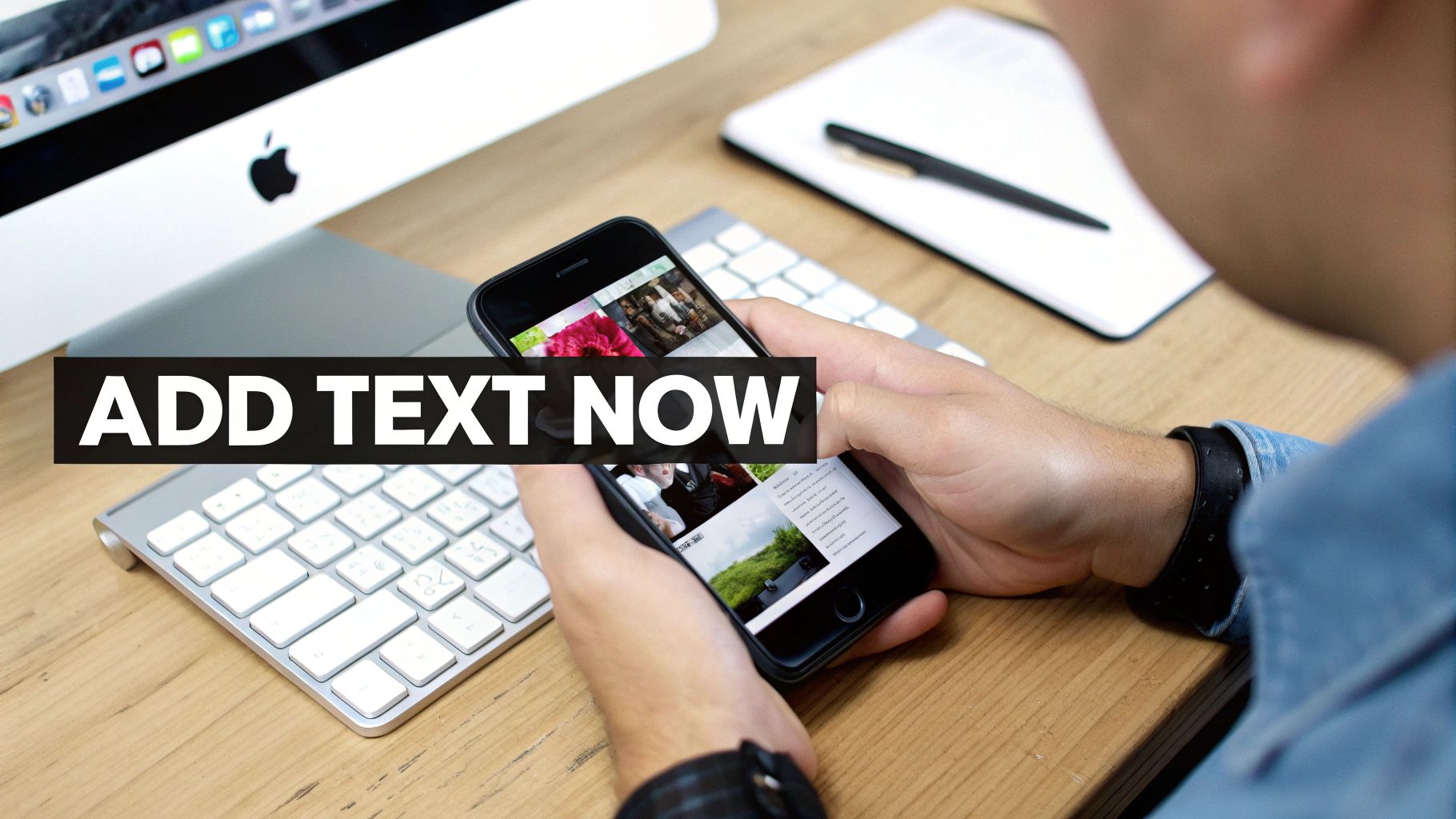 Close-up of a person holding a smartphone, with a computer monitor and keyboard on a wooden desk.