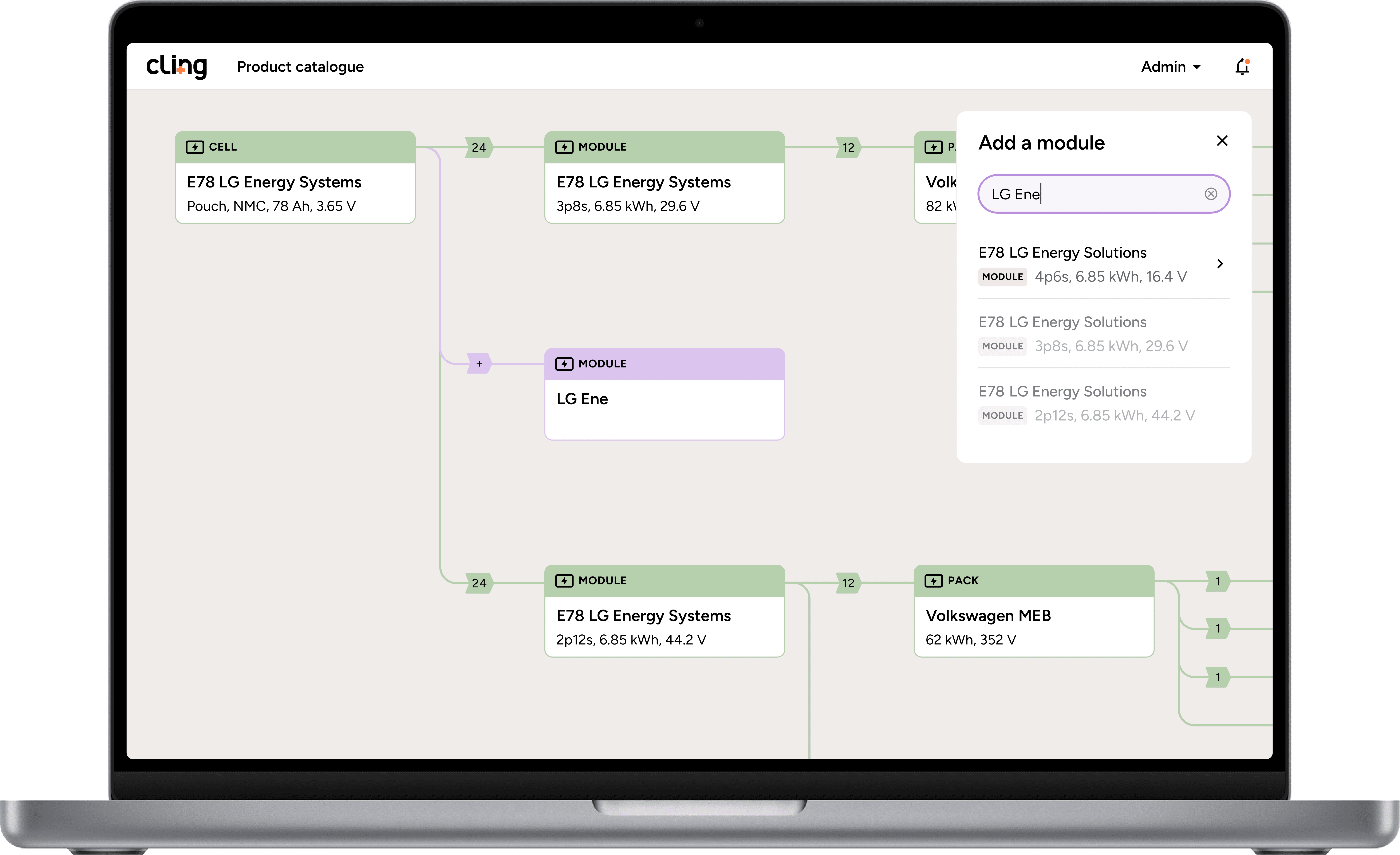 Connected product catalog clarifying battery hierarchy reducing buyer confusion about cell versus module versus pack compatibility