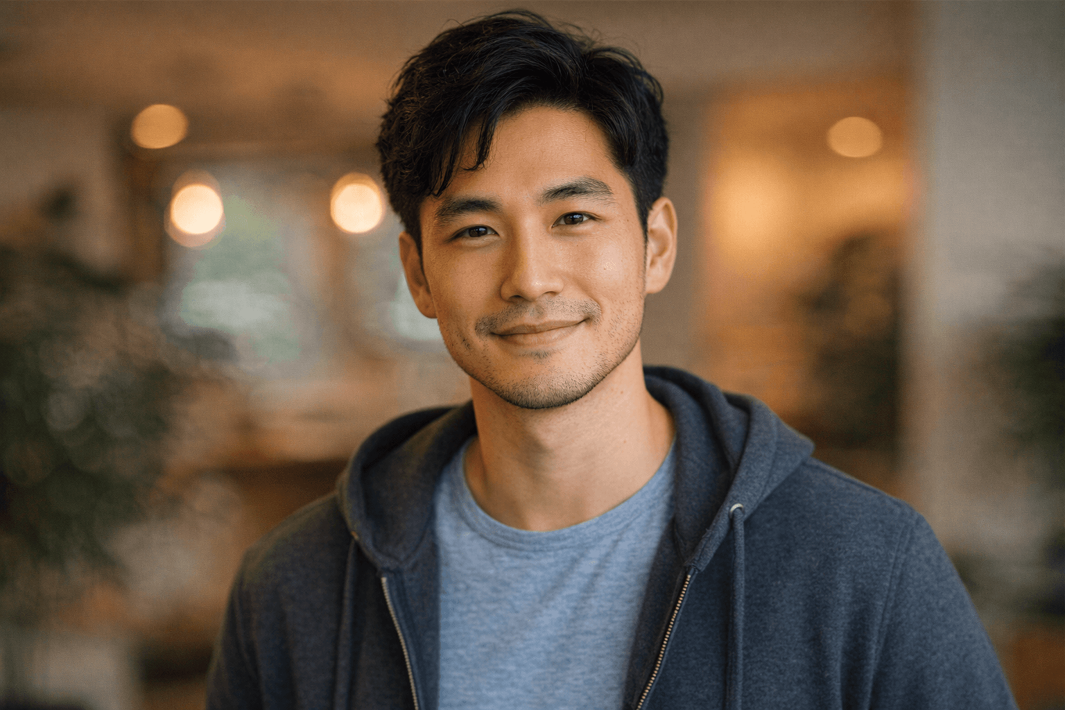 portrait of Kevin, a 32-year-old professional with short dark hair, smiling in a relaxed indoor environment.