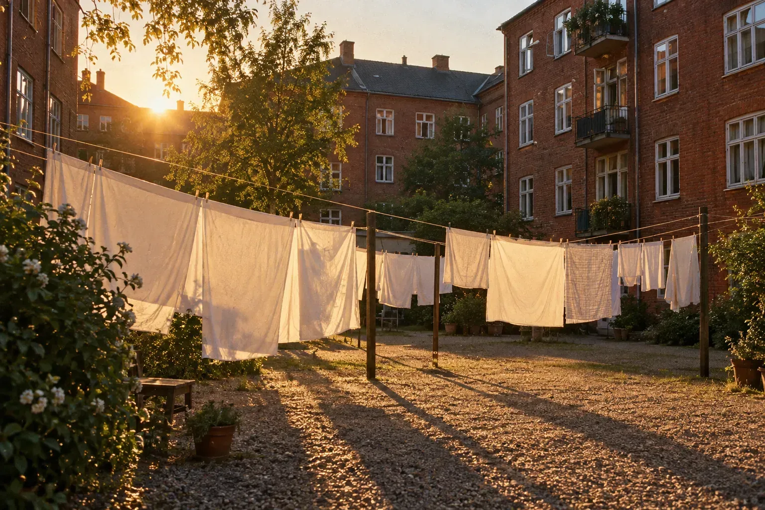 The courtyard of a red-brick housing block, white sheets on washing lines glowing in the low midnight sun.