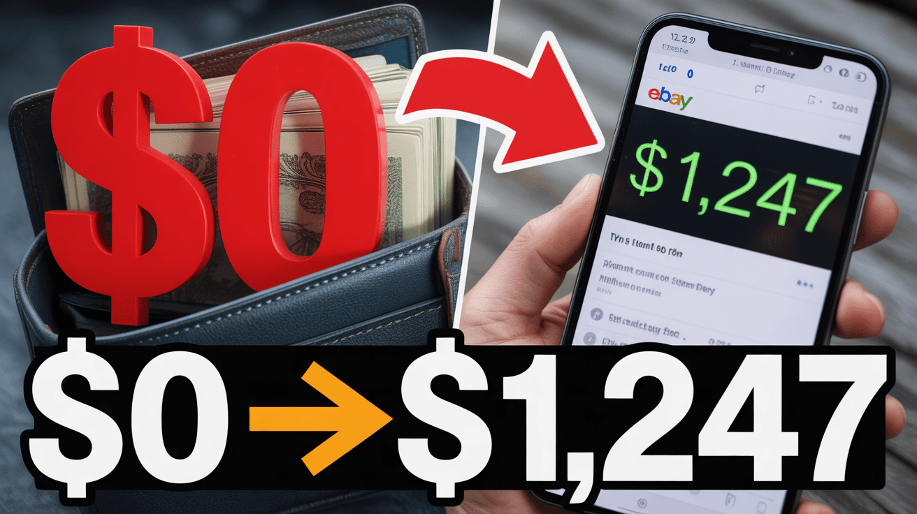 Empty wallet with $0 and arrow to eBay phone profit screen showing $1,247