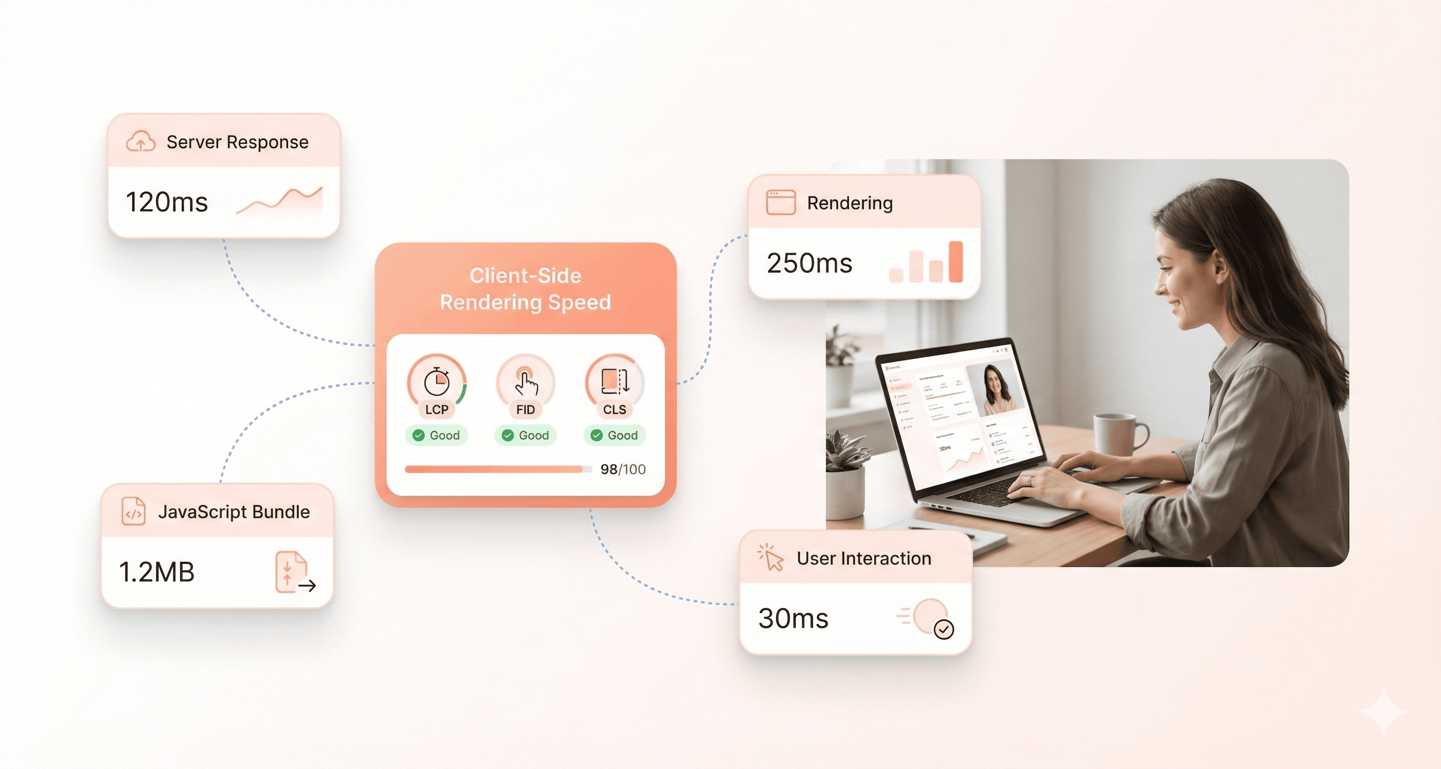 Frontend performance visualization showing server response, JavaScript bundle size, rendering flow, and user interaction as floating UI cards, highlighting how client-side optimization impacts page speed more than hosting alone.