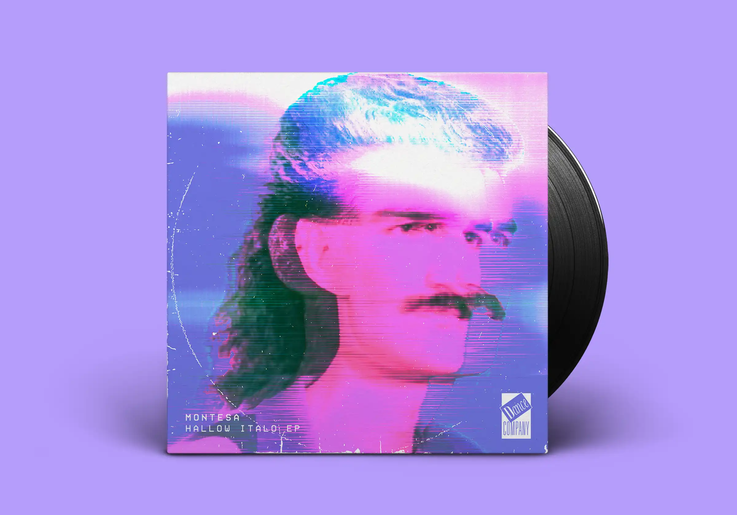 The image showcases a vinyl record cover featuring a retro-styled, colorful portrait with a faded mustache, set against a vibrant purple background. Designed by graphic design studio in Wakefield, Yorkshire