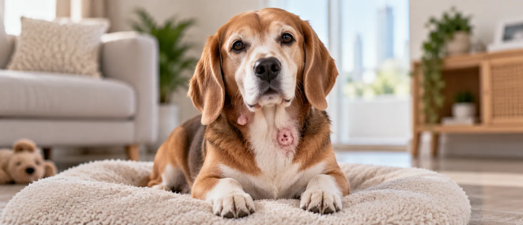 A Beagle lying on a dog bed with a small growth visible on its chest.