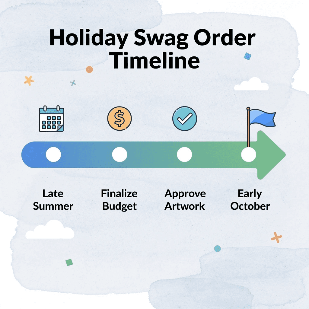 Arrow progression showing holiday swag ordering timeline from late summer to early October