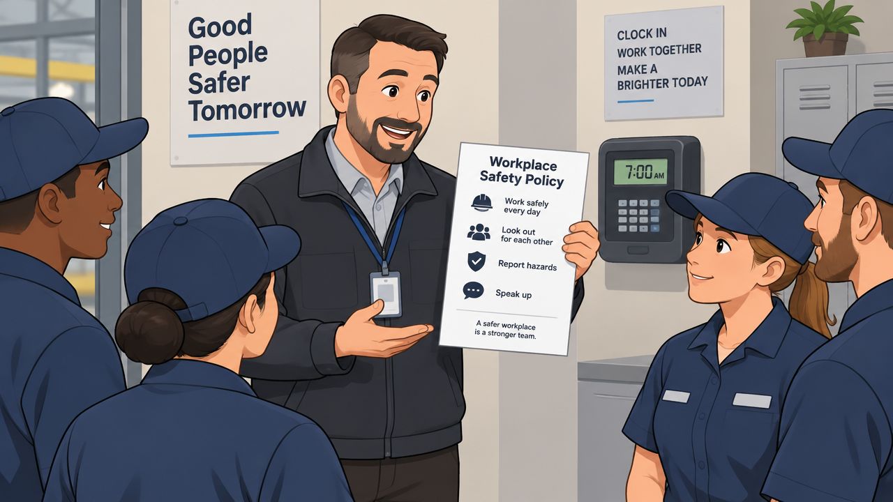 A manager standing with his team in a workspace, holding a sign about workplace safety policy.