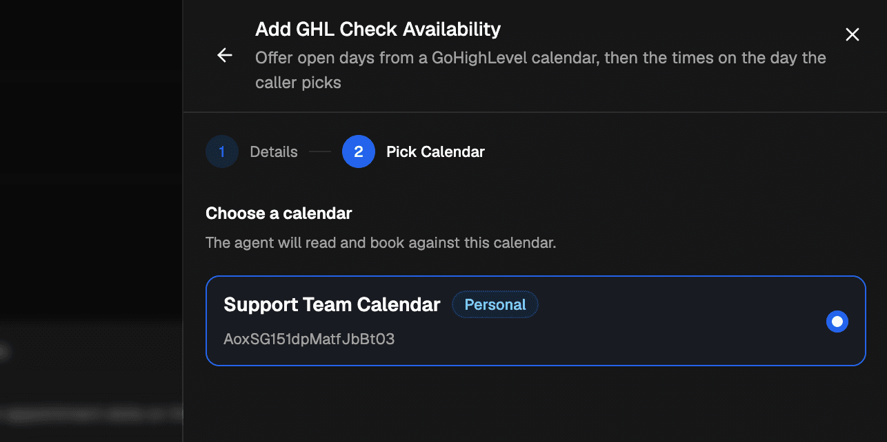 VoiceAIWrapper GoHighLevel availability tool showing the Pick Calendar step, with the support-team calendar selected after the calendar credentials are entered.