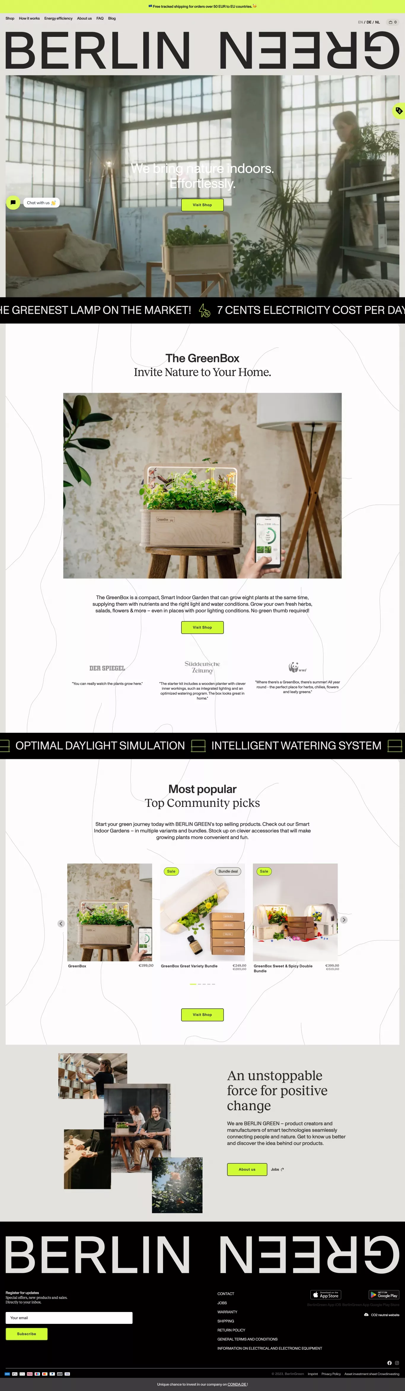 Smart Indoor Garden ecommerce page screenshot showcasing Food & Drinks and Nature design