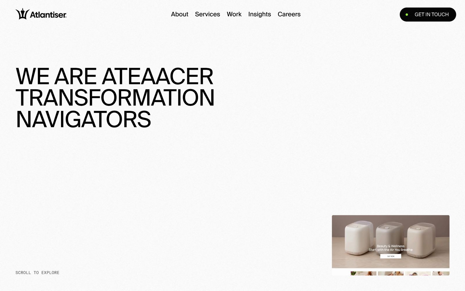 White background with black text: "WE ARE ATEAACER TRANSFORMATION NAVIGATORS." Small image of three cylindrical objects. Menu at the top.