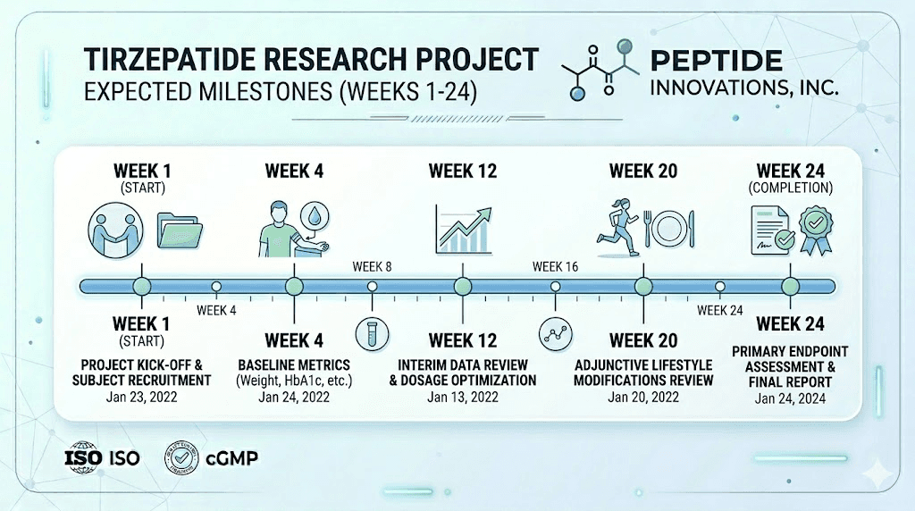 Tirzepatide research outcomes timeline showing weekly milestones