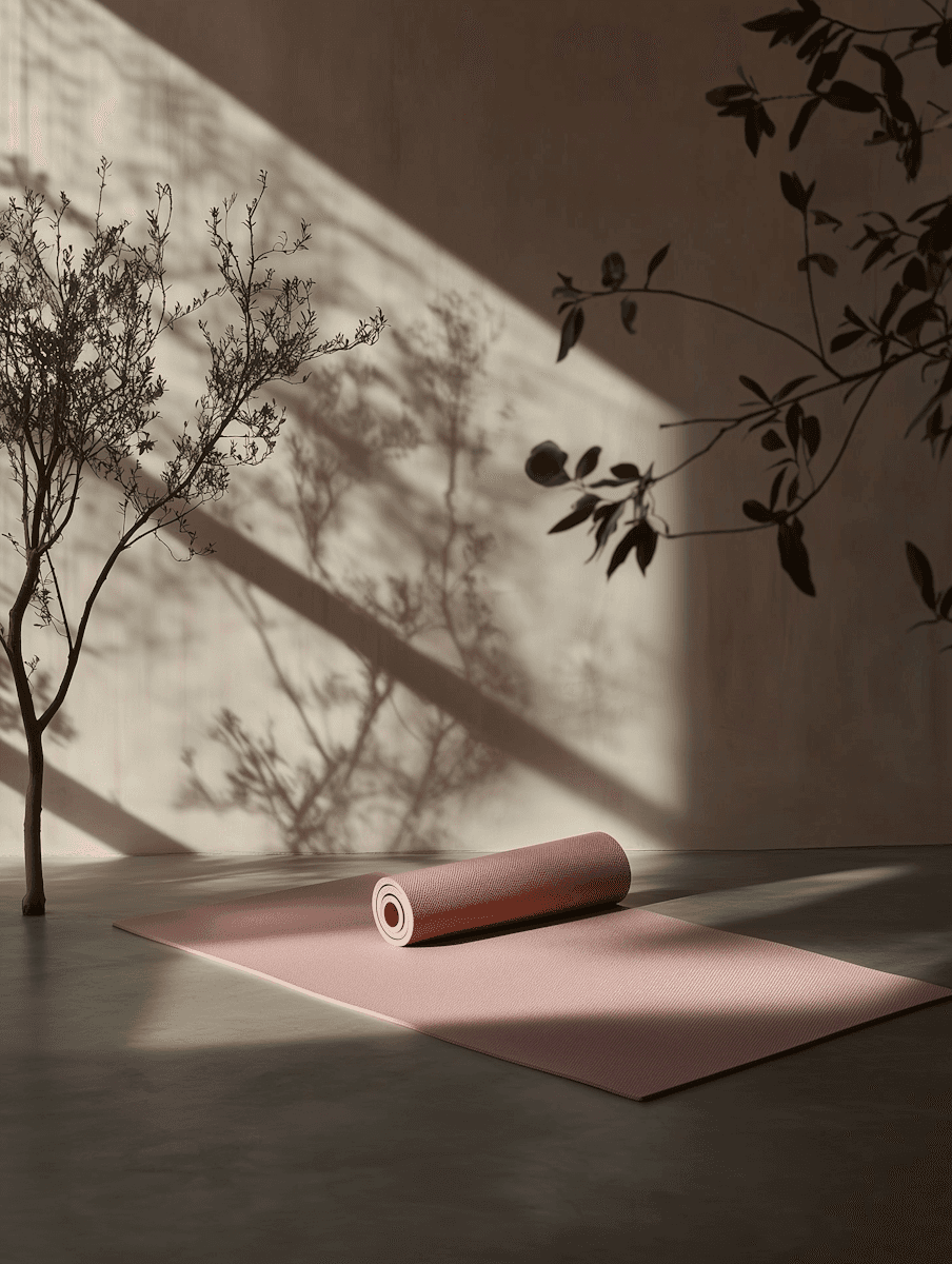 Rolled pink yoga mat rests on floor with plant shadows.