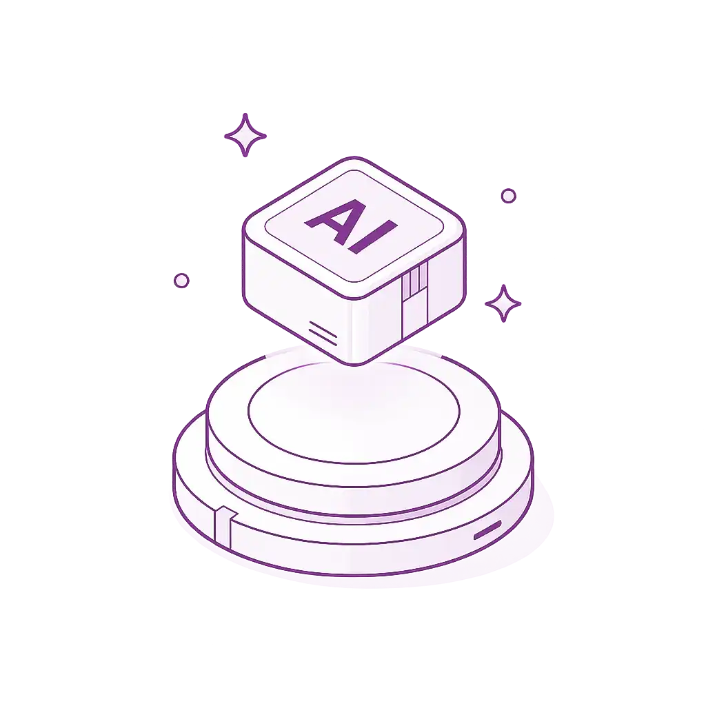 Isometric illustration of a floating AI cube above a circular platform with soft purple accents and glowing decorative elements.