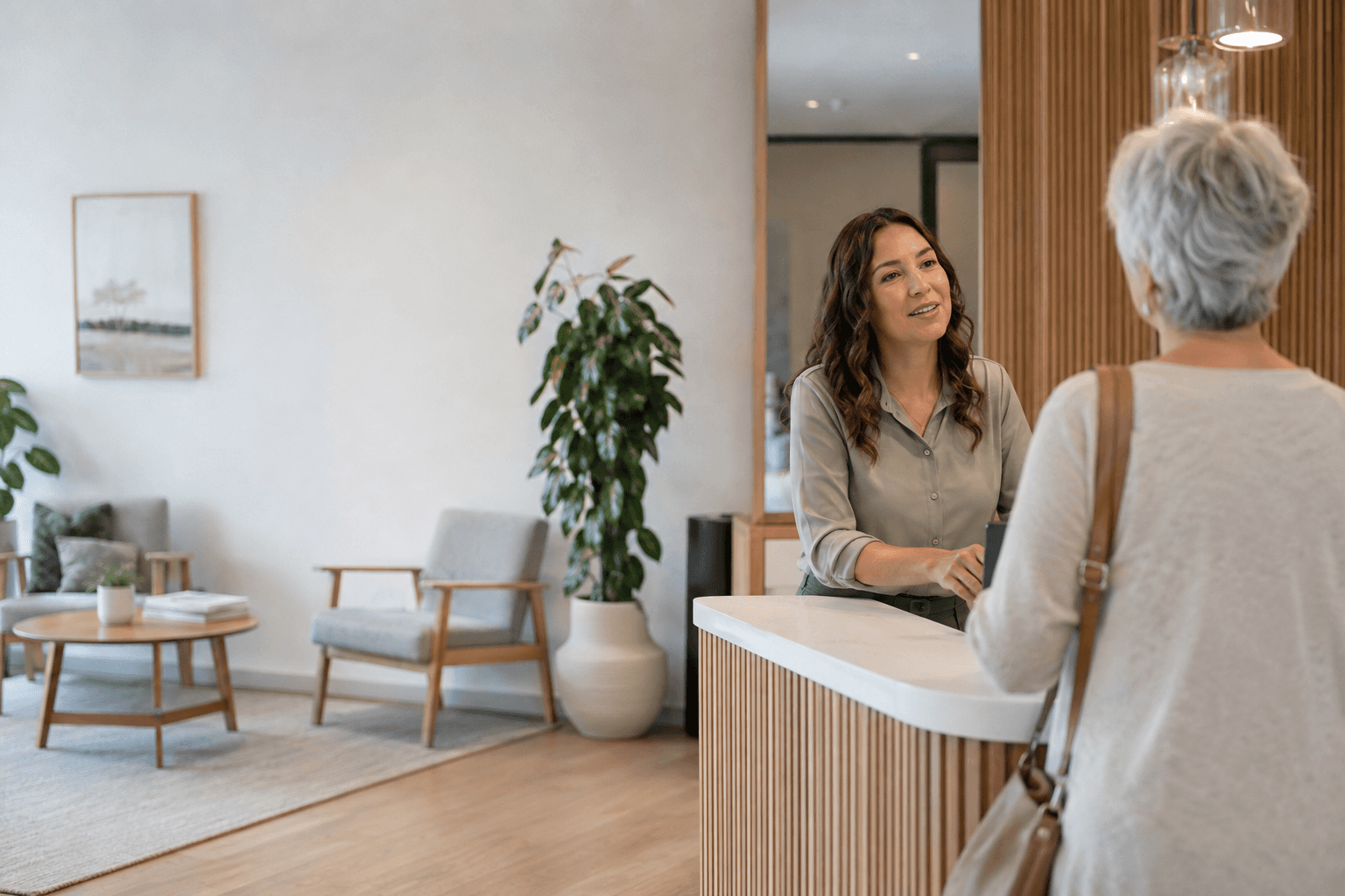 Illustrative scene of a clinic receptionist welcoming an older patient